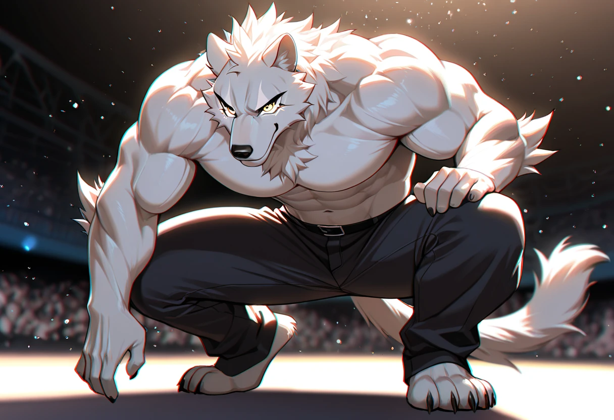 upload on e621, Masterpiece, best quality, ultra high res, 4K, 8k HD, 2D, perfect anatomy, digital art, official art, extreme detailed, ultra detailed, strapsanime, color, soft shading, sharp focus, gym background, powered up fire aura, 1boy, white body fur, white belly, detailed fluffy fur, ultra detailed face, detailed eyes, detailed iris eyes, detailed yellow eyes, white sclera, black pupils, navel, abs, bare pectoral, black claw nails, furry wolf male, mature male, white huge bulky muscular body fur, canid, huge muscles, huge pecs, huge biceps, canine, canis, mammal, powerful wolf, wolf male, fierce face, serious expression, crossed arm pose, badass, wolf anthro, solo, looking at viewer, standing, wearing full complete sleeveless long black coat/jacket, black full complete sleeveless long coat/jacket, shirtless, white longest hair, white longest back fur hair, white longest hair fur front lay on pecs, hair color match his fur color, perfect fingers, white hands and fingers, wearing fingerless black gloves, black gloves, both black armbands on biceps, wolf pendant rest on his tuft pecs, white wolf long tail, black baggy pants