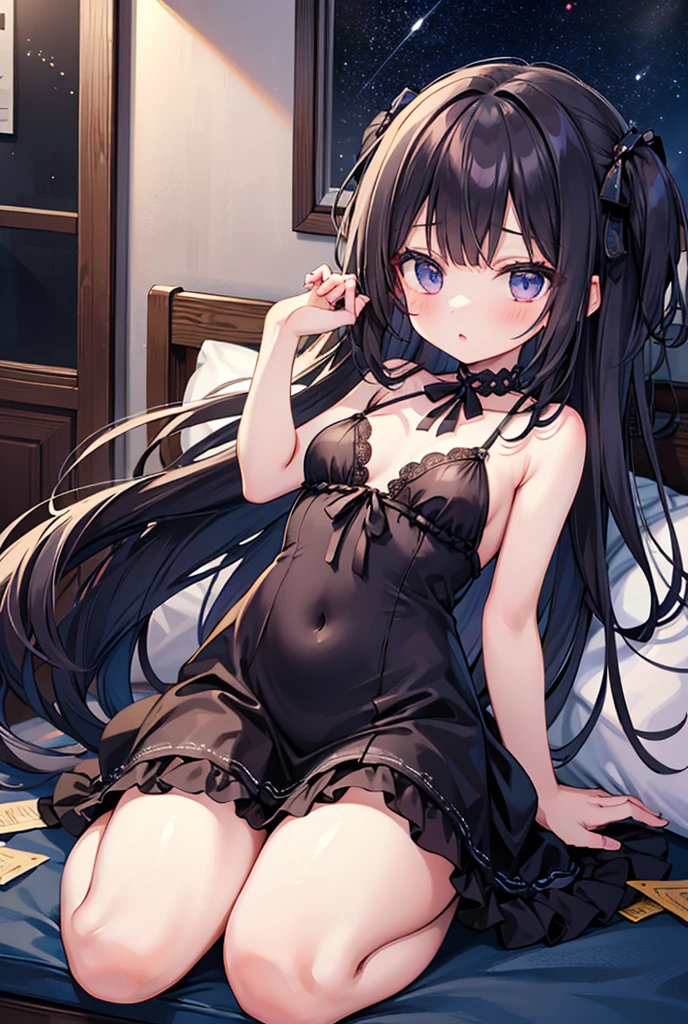 Hands Behind Back,Tied with hands behind back,from front,front view,looking at viewer, looking ahead,from above,cowboy shot,1girl,Beautiful 11 year old girl,Japanese,Slender,,low length,Small breasts,Thin legs,Small Ass,Baby Face,Small face,Black Hair,Row Twin Tails,Gray Eyes,slit pupils,Drooping eyes,middle School girls,A see-through black and blue negligee,lingerie,Collar with leash,open mouth,tongue out,front face,Kneeling,Straight Stand,Beautiful and detailed anime art,Mischievous smile,Sexy vibe,cum on tongue,Dimly lit room,On the bed,Simple Background,Gray background,Low lighting,