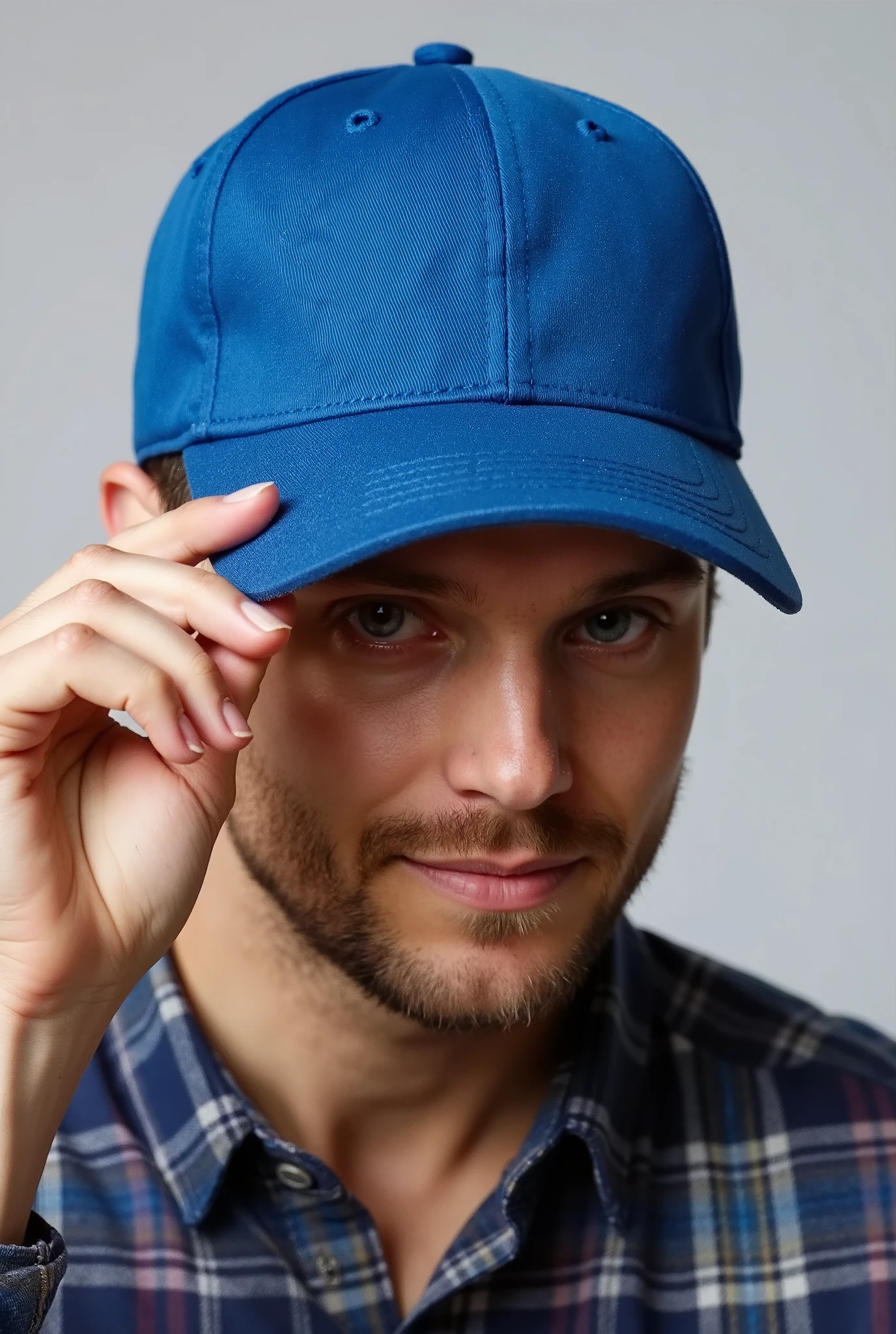 Close-up of a man wearing a simple blue cap and a plaid shirt, tilting the head slightly downward, while holding the cap brim with one hand. The background is simple and light gray . Your expression is relaxed and subtle, and his face is partially obscured by the cap. The image has clean lighting, similar to that of a studio, and a casual style.