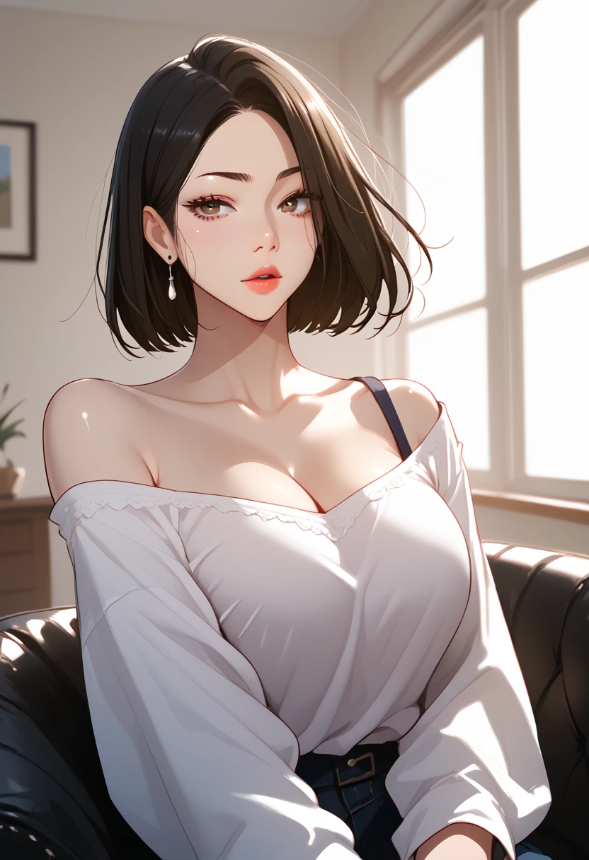 1girl, black_hair, breasts, cleavage, curtains, earrings, front-tie_top, jewelry, large_breasts, lips, looking_at_viewer, shirt, solo, tied_shirt, upper_body, white_shirt