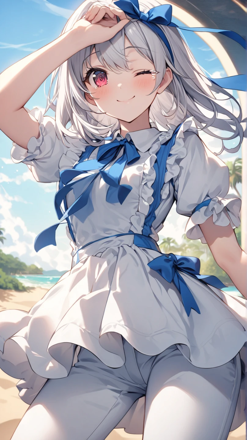 (最高masterpiece、masterpiece)、Short white hair, blush, Frills、Swimwear、up、View your viewers、sharp、Clean your eyes、