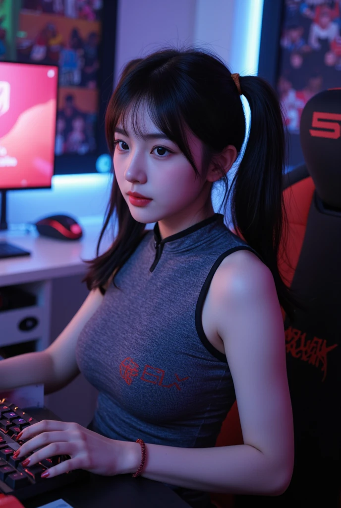 Neon pro gaming room, on pc desktop is Honor Of King sylized displays, ((2persons in 1 image)), ((naughty very beautiful south korean-Indonesian hybrid girl gamers)), BREAK, perfect flawless nose, sexy sensual kissable lips:1.2, lewd mouth apart, natural teen saggy breasts, (thick fleshy sexy arms:1.2), revealing her flawless sensual armpit, wearing huge gaming headphone, wearing loose t-shirt with anime print, bracelet, chocker, gamer chair, lot of action figures statue display on the back of the room, the girl sitting on the gaming chair with the gaming high-end OC on the desk before her, full face close-up focused shot, gaming, Juicy thick figure, high quality skin, Skin pores, amazing details, perfect anatomy, anatomically correct, realistic, extremely detailed eyes, dark moody gamer settings, cool environment, BREAK, photographed on a Canon EOS R3, 105mm F/2.8 VR Macro Lens, HDR, 8k, (sharp focus),