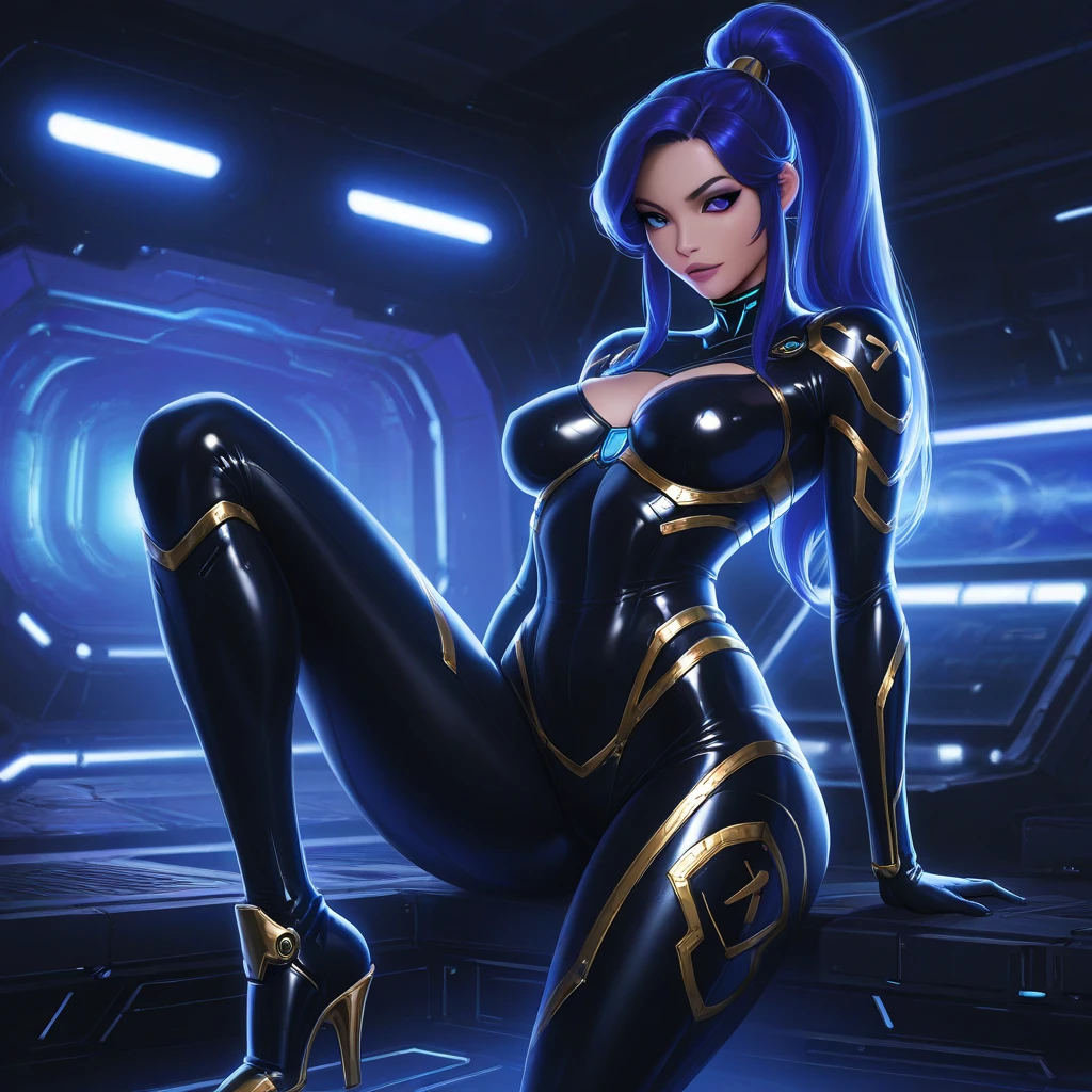 A girl with beautiful detailed eyes, beautiful detailed lips, and an extremely detailed face. 1girl. She is the widowmaker. Her gaze pierces the darkness. The striking contrast between her pale skin and her dark, flowing hair adds to her mysterious aura. She wears a tight-fitting, futuristic black suit that accentuates her graceful figure. The suit is adorned with blue accents that glow with a faint, ethereal light. Her stance is elegant yet poised, as if she is ready to strike at any moment. The background is a dimly lit room with a subtle blue ambiance, enhancing the air of intrigue and danger surrounding her. The image quality is set to (best quality, 4K, highres, masterpiece:1.2). The art style is sleek and stylized, giving it a unique and futuristic feel. The color palette is predominantly cool tones, with shades of blue and gray creating a brooding atmosphere. The lighting is dramatic, with soft, directional light casting intriguing shadows on her face and body.