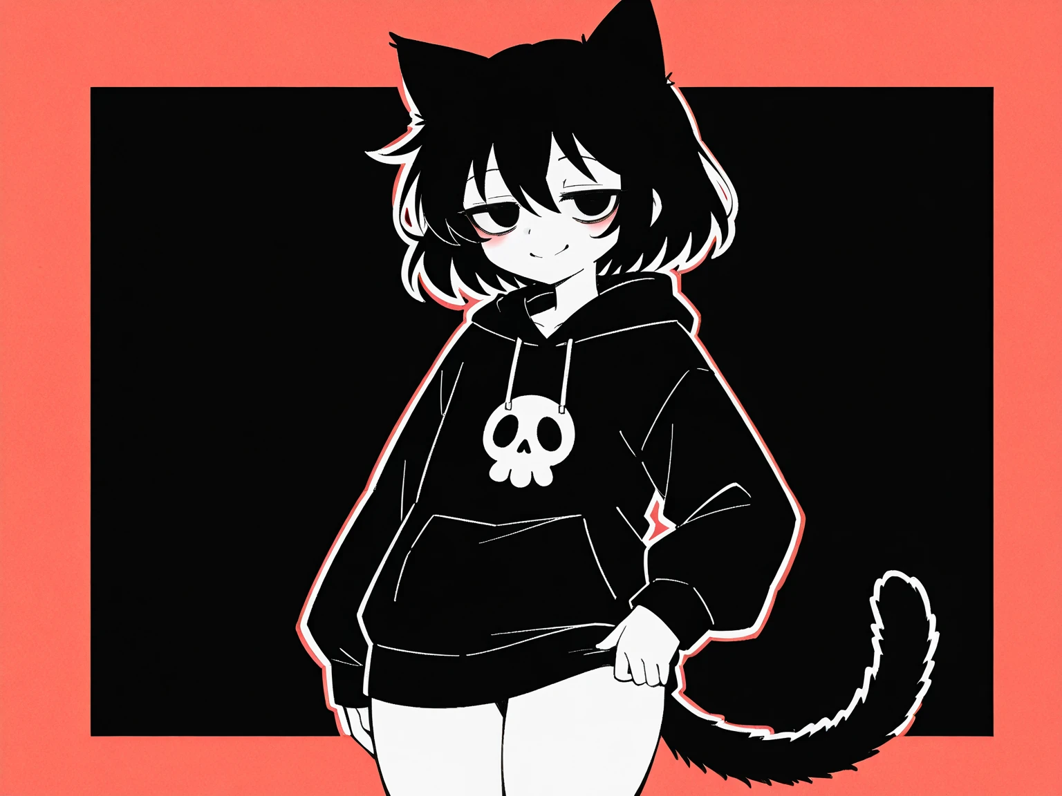 I want to create a series of stickers for WhatsApp and Telegram where the character has dark skin, eyes black, wavy black hair, Cat's ears, cups, and a spiked necklace around his neck.