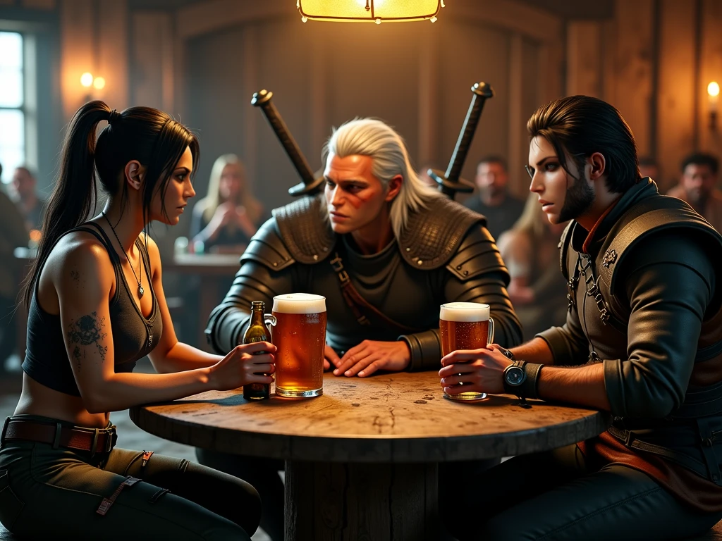 A beautiful woman is sitting and listening to music, a beautiful woman with long grey hair, men and women are enjoying music and dancing at a bar, anime, heartwarming, medieval, bard, epic,