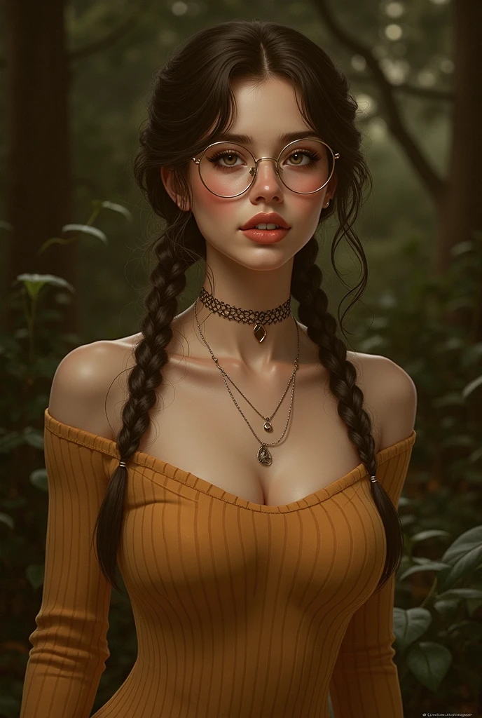 masterpiece, best quality, highly detailed, 1girl, solo, twintails, off-shoulder sweater, choker, large glasses, gold locket, jacket, hairband, looking at viewer, smile, blush, Wide Smile, Eyes Detailed & Wide, sexy Pose. Ultra HD, Rococo-Inspired Fantasy Art With Intricate Details. Cute, Charming Expression, Alluring-Gaze, looking at viewer Beautiful Eyes, An-Ideal-Figure. Large Youthful Well-Shaped-Breasts, Massive-Round-Bosom, Décolletage. slim waist, fit body, full lipsWarm lights , woman in a dreamy forest at night, with fluffy hair, delicate face, realistic, real, slim, large aperture, sexy shots, attractive poses,Stunnin gly beautiful merge of Scarlett Johanson. Alison Brie, Selena Gomez. symmetrical face, photorealistic, photography, path tracing, specular lighting, volumetric face light, path traced hairmaximum quality{(masutepiece) (8K High Resolution) (top-quality) In the style of breath of the wild.