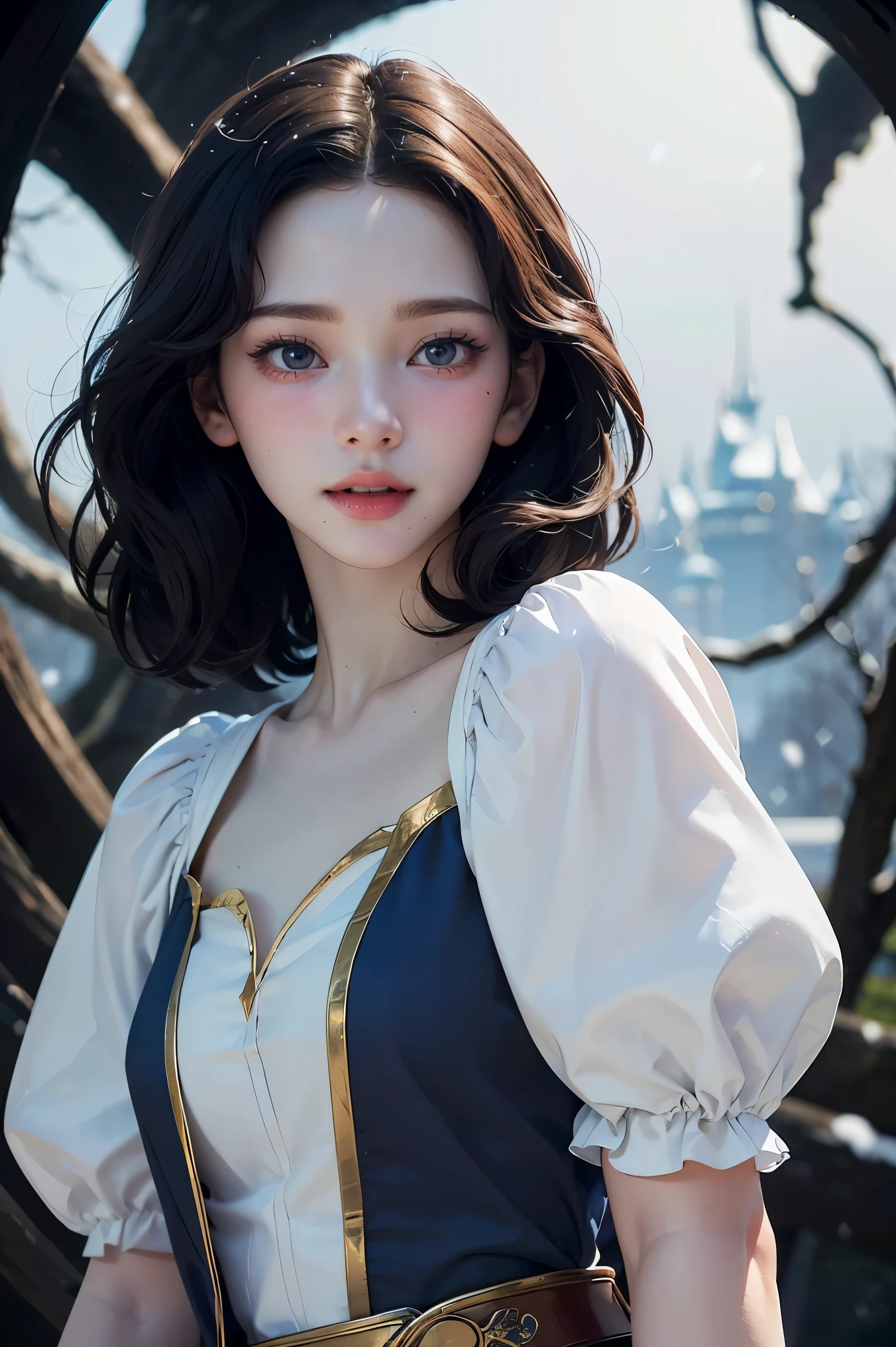 (( Better quality,4K,8k,high resolution,work of until:1.2),ultra-detailed, craziness, magic, black magic, 1 girl, (Very beautiful fantasy background), snow white outfit, snow white of Disney, snow white haircut,