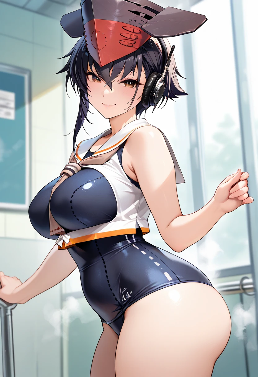 (Perfect body),Best Quality,(8K Portrait),(anime screen cap)、((Police Woman)),Police Hat、blush,Sweat,((large udder))、(Dark hair),((bob cuts))、Yellow eyes,(thick thighs),((((Navy blue striped bikini))))、White knee socks、adult woman、((A smile))、Cowboy Shot、(Navy blue jacket)、showing teeth、(((Hands behind the head)))、((Armpits))、((leaning forward))、