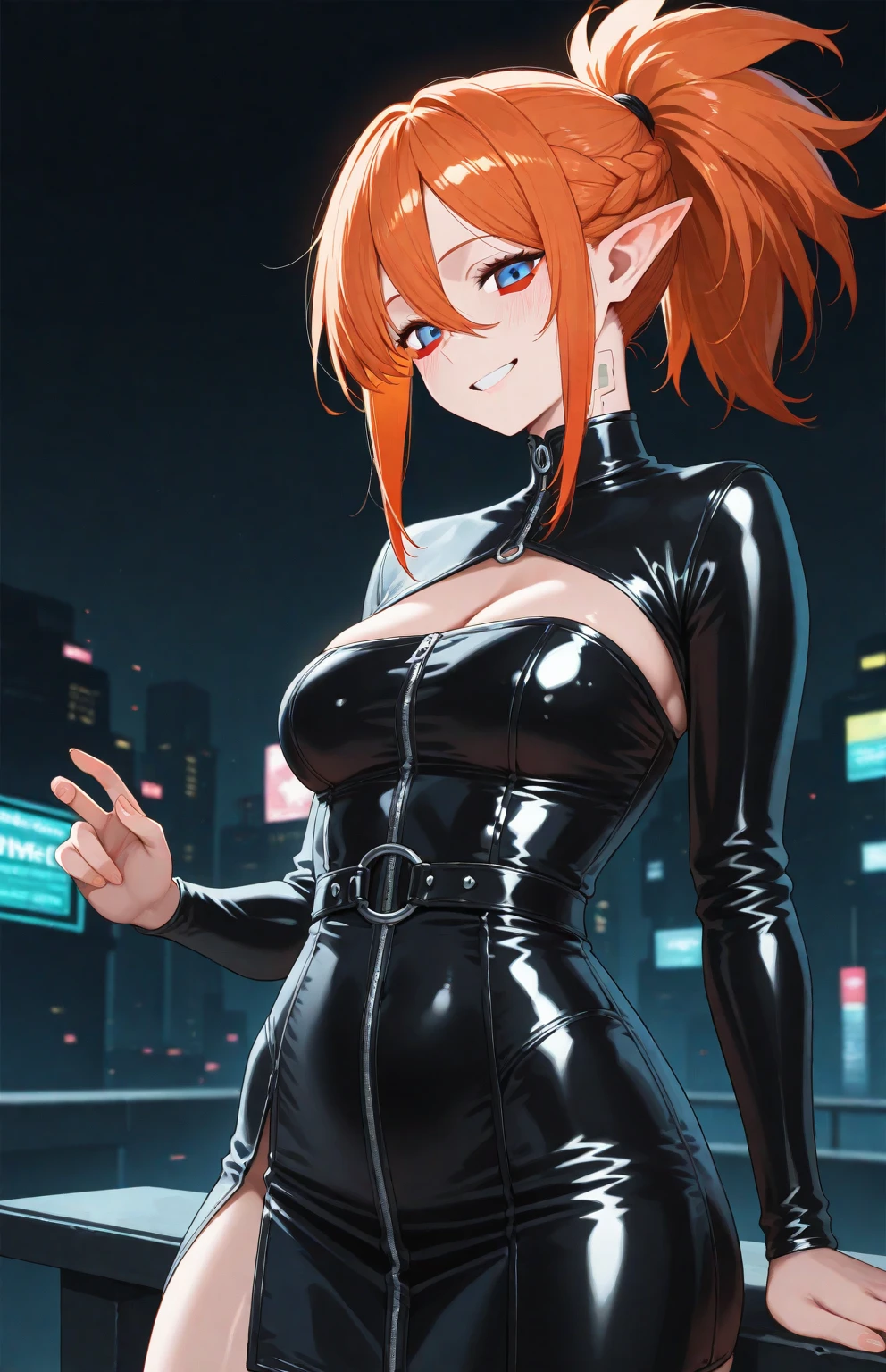 1 girl, (((bimbo))),earrings rings, plump lips, painted lips, thin lips. orange hair, Short ponytails, wide hips, thick thighs, latex tight pants, burst breasts Nightlife, night city, Cyberpunk-city, futuristic cityscape. neon lights, (skyscraper:1.1), tokyo tower, Palm tree, Fabric sign, flat stall, nightclub. Bright lights of the city, Exotic car. alcohol, There is, flat, soup stall ,alcohol bottles,