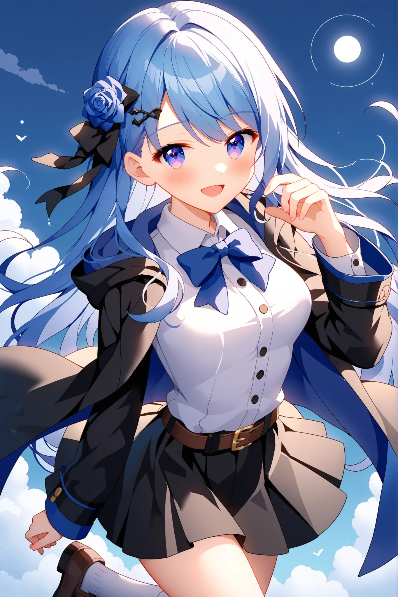 masterpiece、Highest Quality、(大人しくstanding:3.2)、very aesthetic、High quality cinematic 、(one girl:2.tanding:2.4)、no movement 、 calm、 beautiful balance、Soft Saturation、focused theme that stands quietly、anime screenshot、anime colors、Official Style、(detailed fingers:2.pecific fingers:2.hiny skin、smile gently、medium breasts、slim figure、(beige long hair:2.4)、(beige long hair:2.oft, long bangs、(blue rose hair ornament on left side only:2.2)、(black ribbon hair ornament on the left side only:2.2)、( Light Blue Ribbon on Chest :2.2)、(eyes are calm blue:2.mile、 happy、(Navy Rose Patterned Hooded Cloak:2.4)、white blouse、Brown Button、(Sepia Skirt:1.epia Skirt:1.4)、(brown belt:1.2)、white socks、Brown Shoes