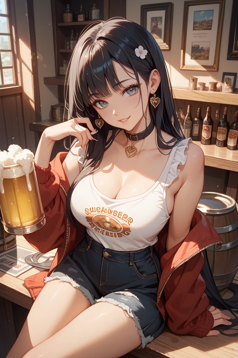 (highest quality:1.2, Very detailed, up to date, Vibrant, Ultra-high resolution, High Contrast, masterpiece:1.2, highest quality, Best aesthetics), Portraiture、girl、singer、Bright colors、Beautiful fine details、Beautiful lip detail、midium wave hair、red and white ((streaked hair:1.6)), highlights hair: 1.5, red eyes, slim body, middium breast, (tan skin:1.1), drink beer, ((drunk:1), Bar, ((tank top:1))、loose fit old jeans, (Floral Fineline tattoo design on left arm:1), Resolute expression、Avid Fan、Rock star aura, (cowboy shot:1)