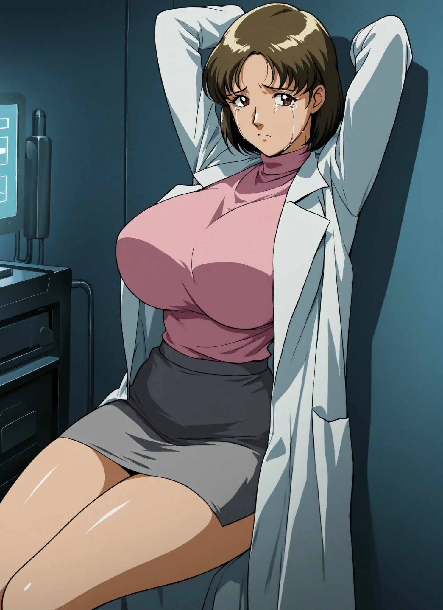 masterpiece, best quality, highres, aaryouko, short hair, cleavage, pink shirt, labcoat, belt, miniskirt, black skirt, black thighhighs, indoors, (((Sex))), smile, open mouth,
