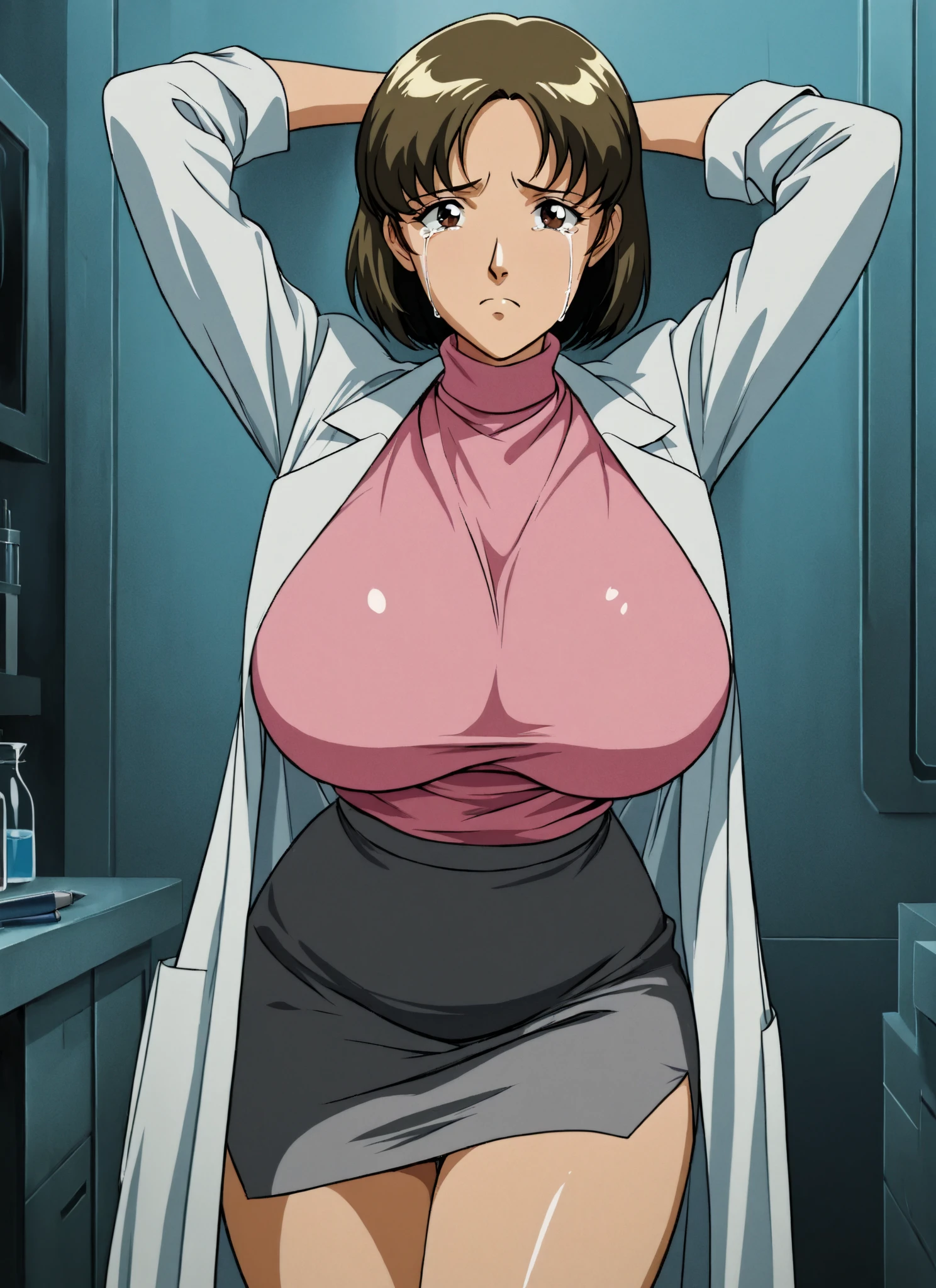 (perfect b○dy),highest quality,(8K P○rtrait),(anime screen cap)、((Office Lady)),blush,Sweat,((big breasts)) ,((sw○llen nipples))、(brown hair),((b○b cut))、((Forehead))、(asymmetrical bangs)、brown eyes,(thick thighs),((white leotard))、adult w○man、((:○))、c○wb○y sh○t、○ffice r○○m at night、Are standing、legs spread、hands behind head、both armpits、Are crying