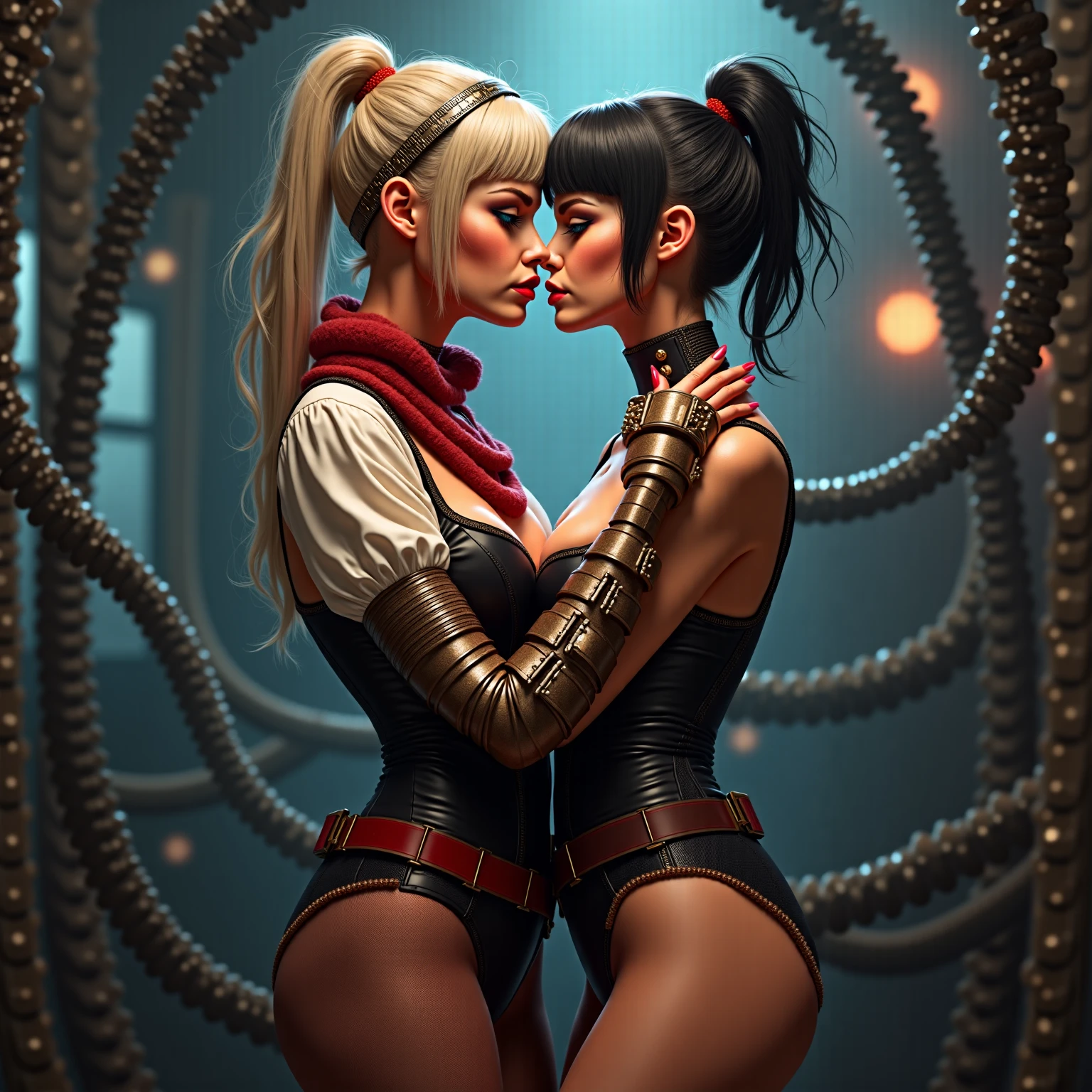 masterpiece. detailed epic fantasy oil painting. 4k. dark ambient. A beautiful two twins s Emma Watson. sparkly brown eyes. athletic. silver belt, boots. stylish leather costume, ripped latex jeans. tactical boots. summer heat. leaning on wall in spaceship. . intricate spaceship interior, maze, Beksinski, Luis Royo style. Background her twin sister. hug, gently looking at each other. cute kiss on cheek. corresponded kiss on cheek.