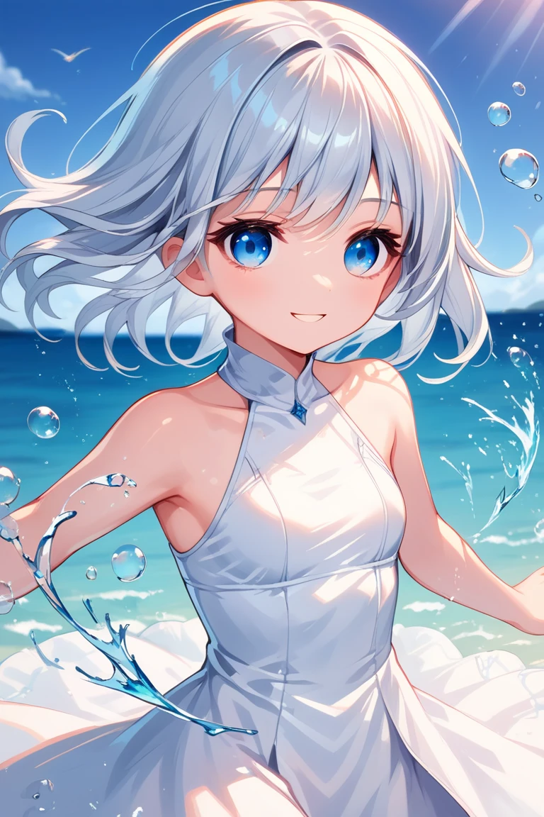 (((最high quality)), ((masterpiece)), (detailed), masterpiece, 最high quality, high quality, 超detailed, Perfect Face, ((One girl, blue eyes, Cat ear: 1.3 Silver Bob Hair: 2.5,)) 、Shiny Hair、Glowing Skin、blush、Amorous expression、Side bust、valley、Coastal、Water Play、holding water pistol、splash、smile、blue sky、A big rainbow shines、white one-piece swimsuit with ruffles、