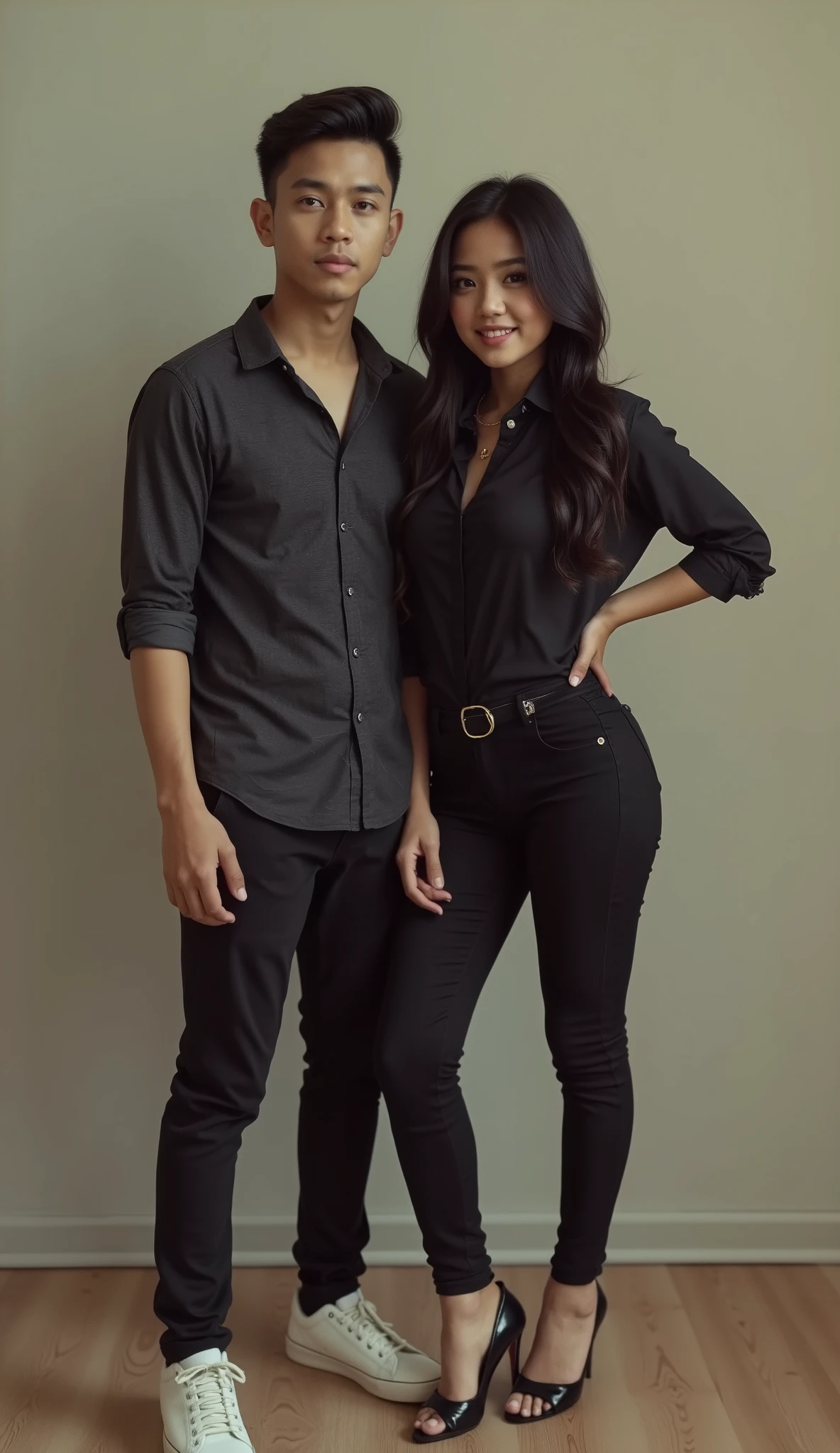 an Indonesian man and an Indonesian woman standing next to each other, an image, inspired by Adam Dario Keel, which is trending in the cg community, a handsome young Indonesian man with a beautiful young Indonesian woman with black wavy hair, a man dressed in a shirt with shoes and a woman dressed in a necklace shirt and black skinny jeans and heels. singer, movie screencap, model elisajes from acquamodels, ultrarealistic, high quality, 32k
