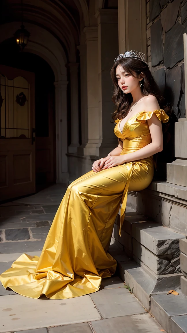DisneyAurora 27 years old, full body shot, Beautiful woman (((shoulder length wavy auburn hair))) (bangs:1.2) (gold dress, long skirt) (purple eyes) defined body, Red lipstick, smiling, hands free, standing, (huge_breasts:1.1) , penthouse garden city night, (curvy:1.1)
