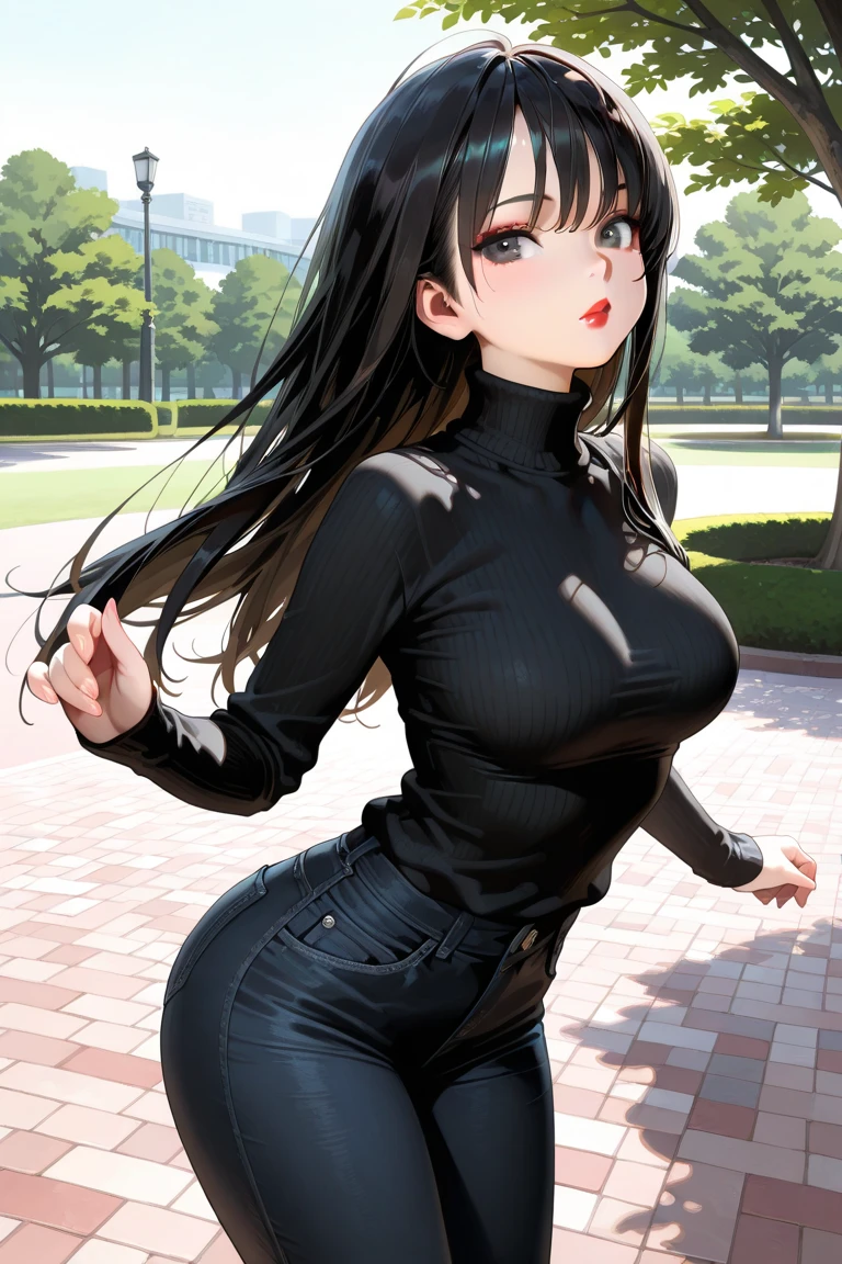 (masterpiece), best quality, expressive eye, perfect face, mature female, medium breasts, , long hair, (hair over one eye), very long hair, straight hair, black hair BREAK yellow eye BREAK hiking, mountains, mountainous road, rocks, cloudy sky, standing, short sleeves, green shirt BREAK black shorts BREAK from behind, looking back, cute butt, :/
