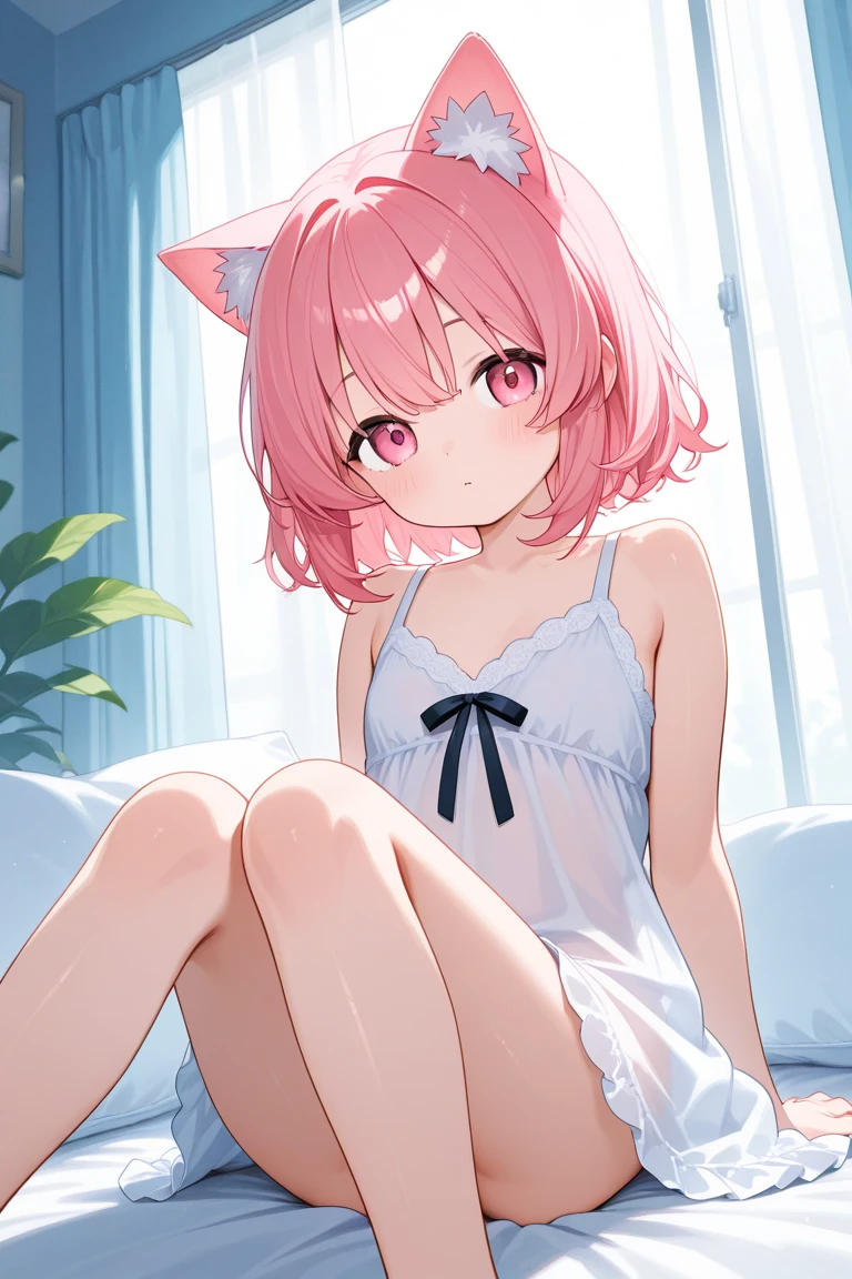Short hair with light red color,The breasts are super full,The figure looks ite,Smooth and delicate long legs,Wearing a bright cream white T-shirt,A silver necklace is worn around his neck,It has pink fox ears and a cute pink-white fox tail,It's a super beautiful girl
