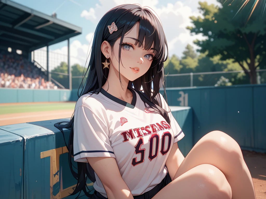 ((((highest quality)))), (((Ultra-precision CG 16K))), (((masterpiece))), (((Very detailed))), (((Extremely detailed))), (((Black outline:1.3, Written boundary depth:1.3 , Written soft outline))), Blur, Bokeh, Maximum clarity and sharpness,Multilayer Texture, Surface Shading, Cinematic lighting, Beautiful details sparkle ,Perfect Proportions, Limited to three woman, BREAK accurate, Anatomically correct, Highly detailed face and skin texture, drawn in detail, Highly detailed facial and skin texture, Detailed eyes, beautiful hair, Beautiful Japanese Idol face, Beautiful and beautiful eyes, Beautiful body, Beautiful breasts, Beautiful thighs, Beautiful legs, Beautiful fingers, (Beautiful views) , skinny body, ((Beautiful Skin)), ((Skin Texture)) BREAK breast enlarged, large Breasts, rocket breasts, (((perky breasts))), covered nipples ,slender waist, (laughing, narrow eyes, blush, determined expression, hot, sweaty , Heavy breathing,) BREAK (((no-bra, wearing oversized football uniform, sportswear, low rise hot pants with slits, no-sleeve, breast is covered by outfit))) , wearing earrings, BREAK ( stick breast out),((( a woman sitting on the playground holding your knees:1.3, stretching out, from front , from below, looking at viewer, close up face))),