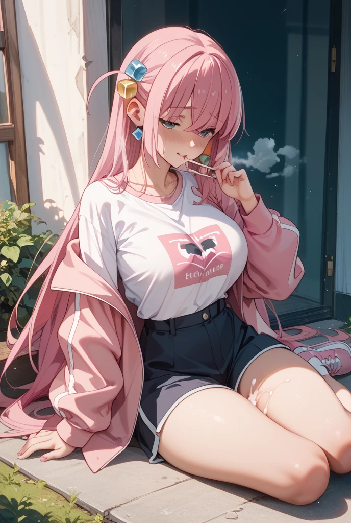 ((Highest quality)), ((masterpiece)), ((detailed)), (4K), nsfw, 1girl, 独奏, multicolored hair, lightpink hair, black hair, g-string, white T-shirt, glasses, large breasts, spread legs, (looking down), (from above), looking at viewer, wet, sweat, blush, angry