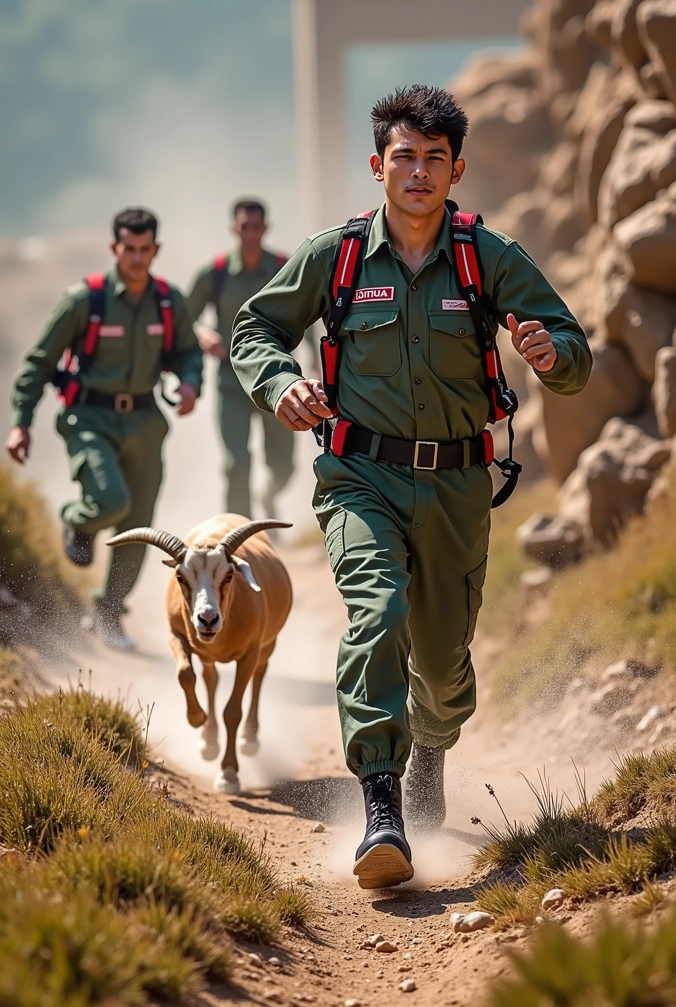 Rescue team running faster to pregnant goat