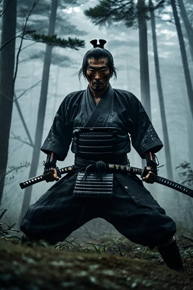 a dramatic movie scene, lone samurai shogun warrior with katana in a foggy forest, dynamic action pose drawing katana mid-motion with fierce intensity, mid-swing motion, facing slightly forward, katana sheath positioned in front with blade partially drawn, cinematic lighting with very subtle lens flare, dark moody tones, highly detailed samurai armor with intricate patterns, misty atmosphere