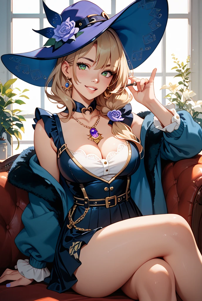 debris flies, highest quality, Highly detailed CG Unity 8K wallpaper, sexy witch , short hair、Dark blonde wavy hair、off shoulder knit, dark blue pleated skirt, stockings、medium breasts, saggy breasts, Pose that emphasizes the chest, blush, shy smile, bare shoulders, (((、open your legs wide、please open your knees)))、、nice magic book、church bed、lying in bed、stick out your butt、Red and black panties、Red and black bra