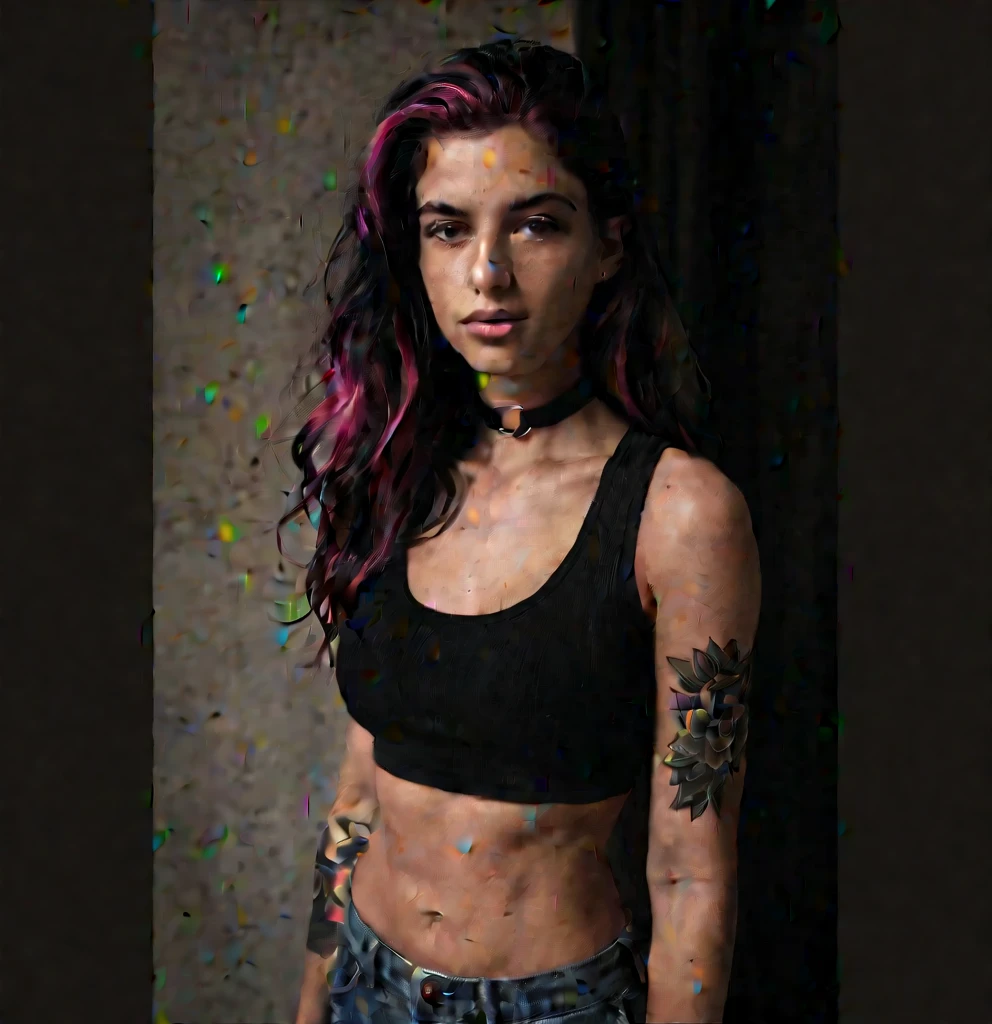 stylized artwork of soft filter. grunge filter. photorealistic. 8k. cinematic, very high resolution. maximum resolution. ultra realistic. unique beautiful face, realistic face, retro grunge photo ascetic. grunge mexican wall graffiti., full-body-tattooed. rainbow hair. teen cute sexy blonde girl, in marijuana plants buds crop, skimpy small red gym outfit. sunset