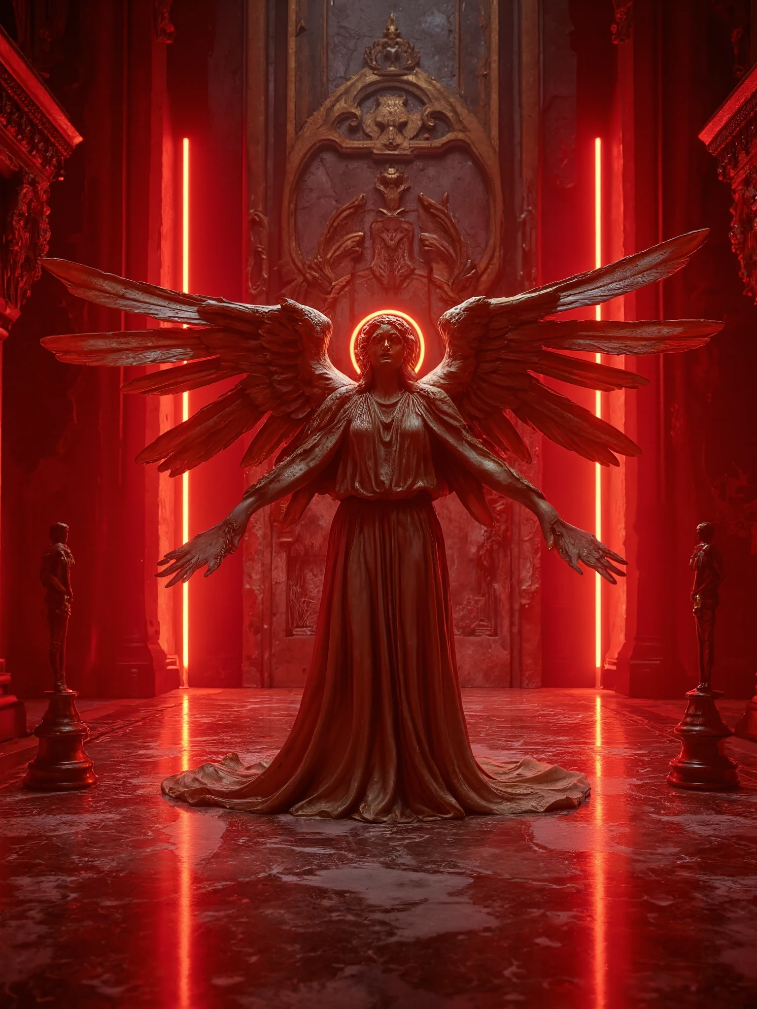 A majestic baroque angel with open wings, illuminated by glowing red neon lights in a decaying cathedral interior, golden halo carved into the wall behind the head, textures of cracked stone and ornate details surrounding the scene, soft red reflections bouncing off the marble surface, moody cinematic lighting with dramatic contrast, futuristic cyberpunk elements,
Extremely detailed, 32k, extremely resolution, masterpiece, HDR, 8K, high contrast, masterpiece, best quality, amazing quality, very aesthetic, high resolution, ultra-detailed, photorealistic, volumetric lighting, dappled light, light particles, dramatic shadows, cinematic lighting, (low angle)++, dinamic pose