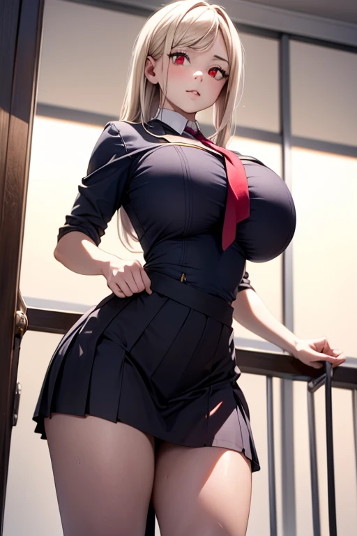 1 girl,high school girl,High-cut underwear,((Low - Angle,pointybreasts,the camera is between the thighs,angle of view of ceiling,very elaborate white panties,pubic hair,Black knee-high tights,topless,cameltoe)),(Angle where you can see inside the skirt:1.7、from directly below:1.7),((highest quality, Brilliant,8K, masterpiece :1.3)), (realistic, photorealistic:1.4),((brown skin)),(Very fine and beautiful skin,Black gal),blonde, Black gal,,Super detailed,cinematic lighting, detailed light, best shadow, dynamic angle(from directly below:1.1),between the legs:1.5,Elaborate panties(high leg pants:1.1),super big breasts:1.6, plump thighs, mini skirt(pleated skirt),indentation:1.5,skirt lift,,inside the classroom