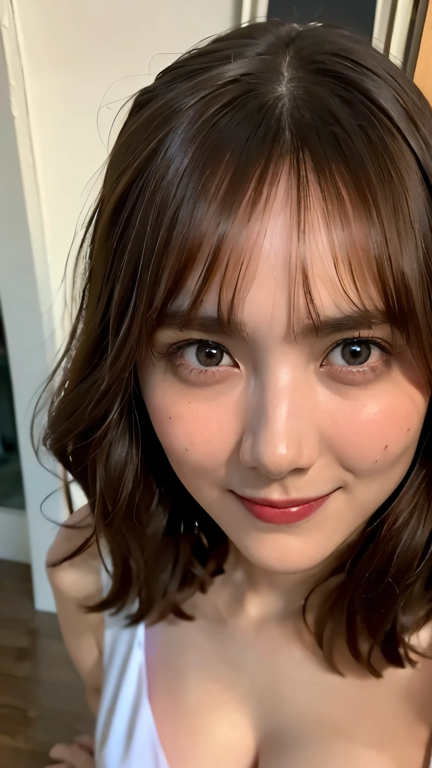 ((disposable film camera, instax)),(masterpiece,best quality:1.4),(8k,raw photo,photo realistic:1.2),shiny skin,detailed skin,detailed face,detailed eyes,1girl,Japanese idol,beautiful face,47 years old, (((nfsw))), (short wavy hair), ((from above)), ((small breast)), ((nude, cleavage cutout,)), seductive smile, in office,