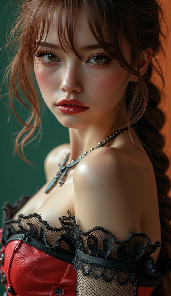 Taki, leaning against a bar , (heavy eyeshadow, red lips), slender, White open shirt, black lace choker, fantasy art, concept art, delicate features, feminine, copper colored hair in a loose bun, seductive, Chiaroscuro lighting, (style of howard chandler christy:1.0), (charcoal sketch by jean-joseph benjamin-constant:1.3)