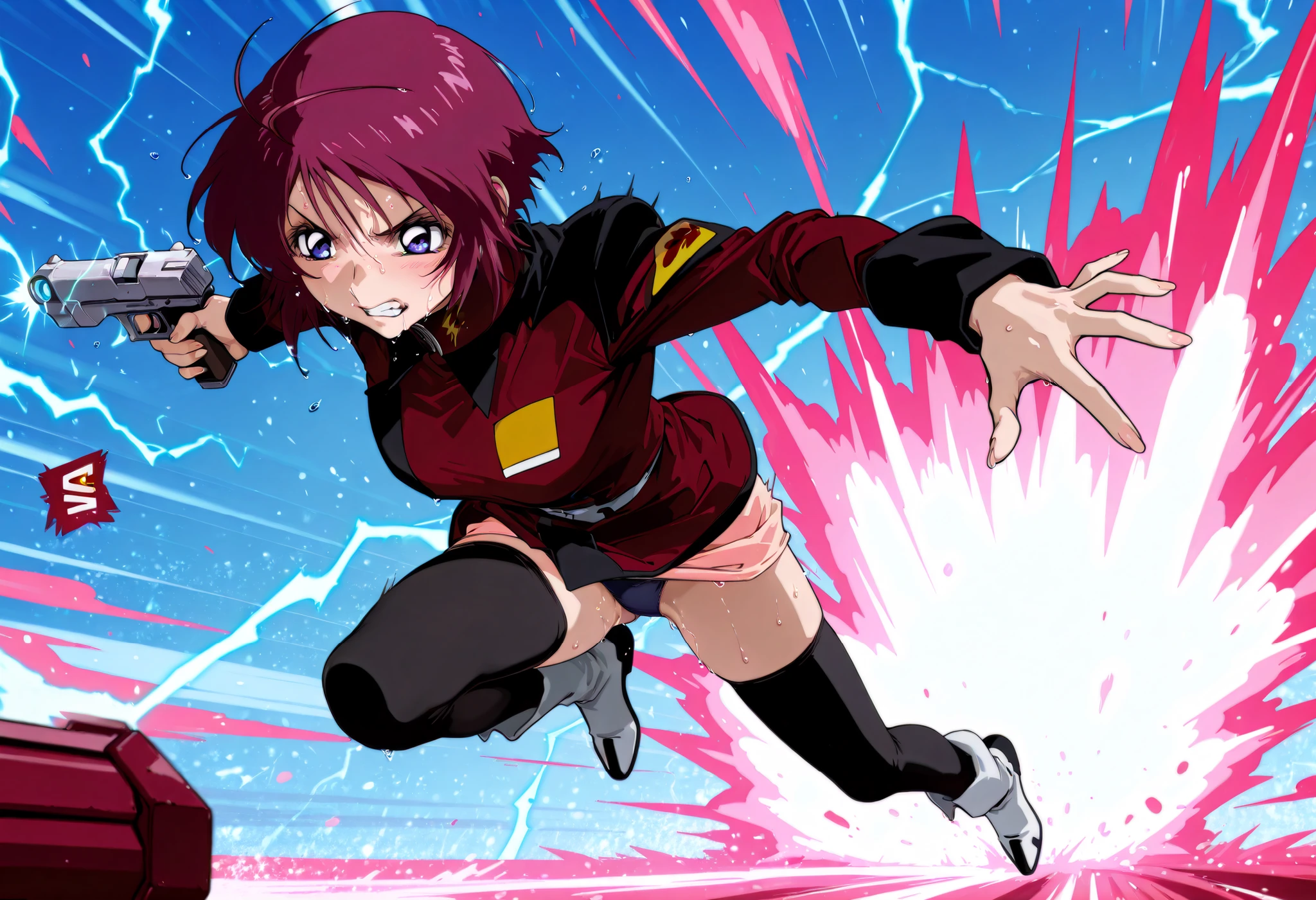 score_9, score_8_up, score_7_up,BREAK,masterpiece, best quality, absurdres,A very detailed and Hi-Res image、lightning crackling around 、safe 1girl,(solo),18 years old, (beautiful and detailed face),1girl,destiny jacket,LunamariaHawke,((destiny jacket)),((red military_jacket)),white shirt under the military_jacket,open military_jacket,((wet white shirt)), (((wet pink_skirt))),dark blue frill trimmed bra under the wet white shirt slightly visible,dark blue panties under the skirt, (((black_thighhighs))), boots,white footwear,((lunamaria)),1girl,solo,blue eyes,red hair,short hair,ahoge,,,eyebrows,NSFW,; quality\(8k, Hi-Res, top- quality, top- quality real texture skin, super realistic, increase resolution,RAW Photo, very detailed, wallpaper, golden ratio,vibrant{{breathing}},full body,(Watery eyes),(closing eyes),{Wet body},,(Close-up of a girl:0.7),(((add energy to the scene. Motion Effect))), (Like a subtle blur),bokeh,full body,(nape of neck),,((Pained expression)),(((Sweat:1.4))),(grimace),blush,(score_9_up, score_8_up, score_7_up, best quality, a woman skydiving, paradropping , weapon, handgun,fire shotting ,movement, motion blur, dynamic angle, source_anime, full body, BREAK depth of field, foreshortening, dynamic pose, super wide angle shot, extreme perspective, , anime wallpaper,((dynamic_anime_art)),(((1girl,solo)))