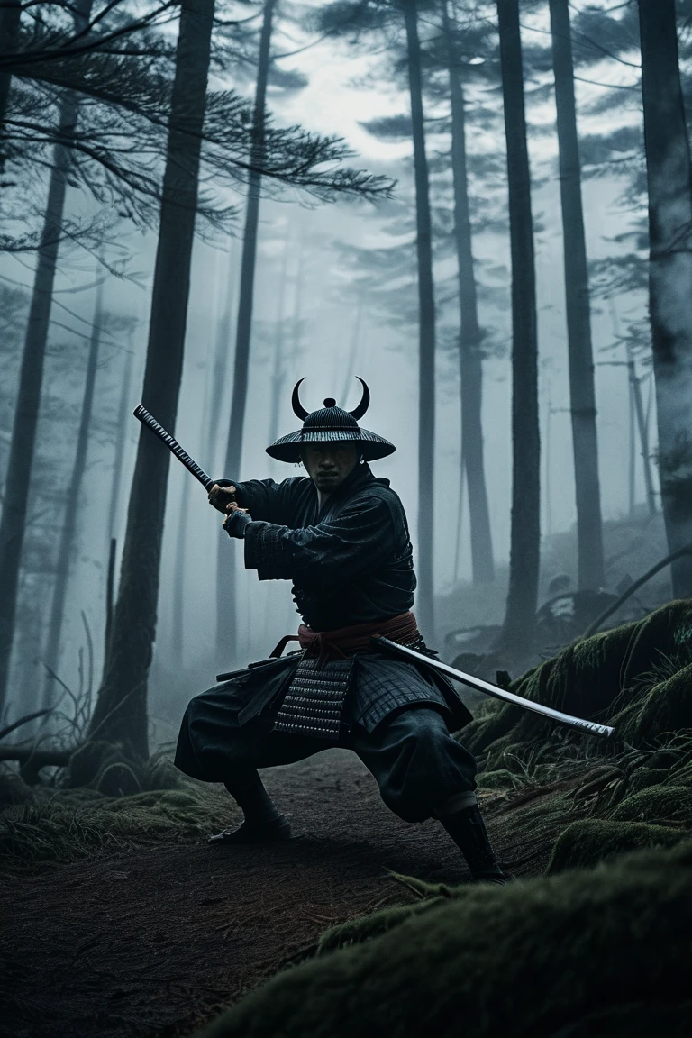 a dramatic movie scene, lone samurai warrior with katana in a foggy forest, dynamic action pose drawing katana mid-motion with aggressive intensity, facing slightly forward, cinematic lighting with very subtle lens flare, dark moody tones, highly detailed samurai armor with intricate patterns, misty atmosphere