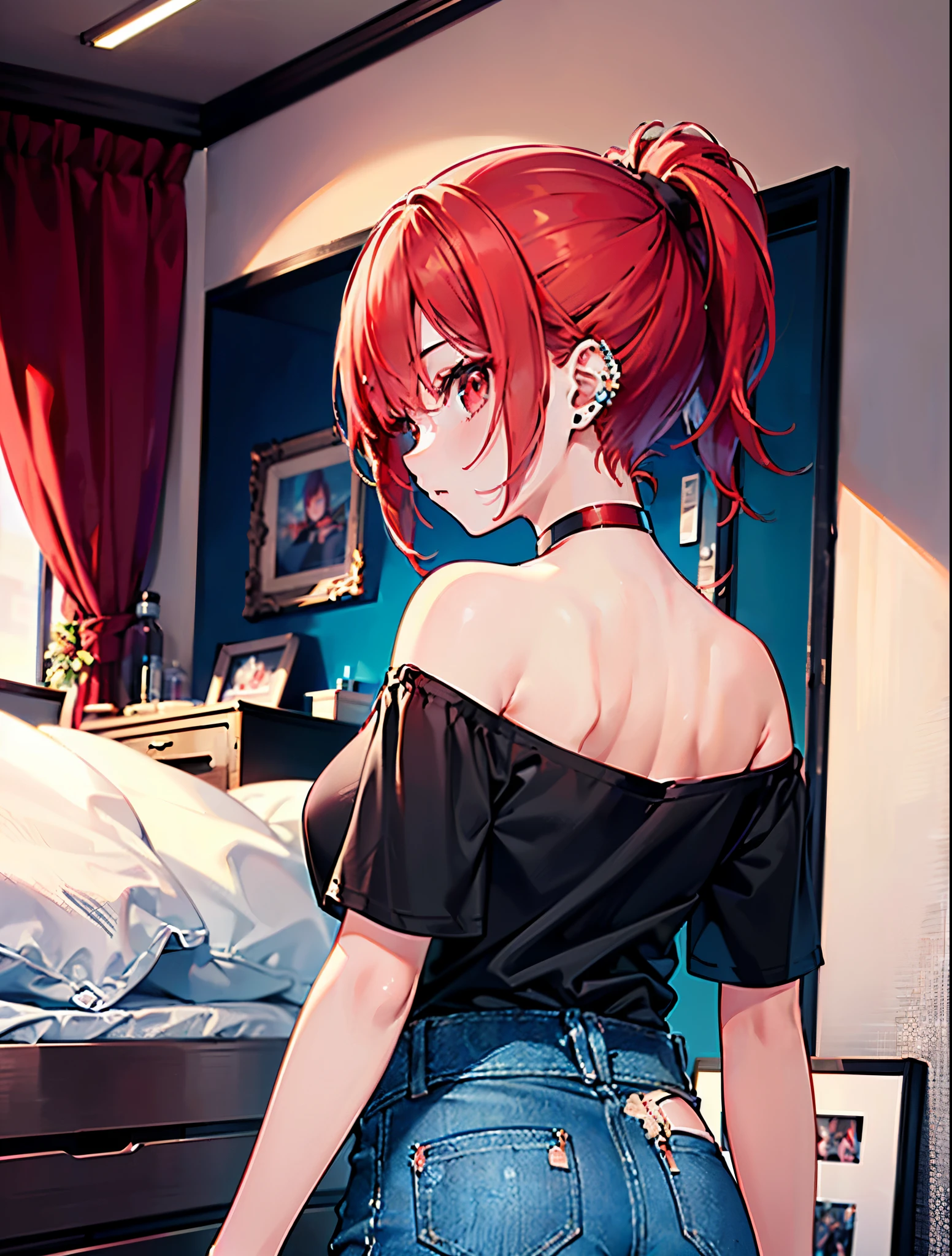(Obra-prima 8k, melhor qualidade:1.2) mPuiY, posando para fotos em um teatro, usando um vestido de coquetel preto curto e justo, Grande decote, head tilted back, Looking at the camera, long flowing pink hair, inventar, batom, bolsa clutch dourada, saltos dourados, luz baixa, vestido cintilante, grandes olhos lindos, Seios grandes e bonitos