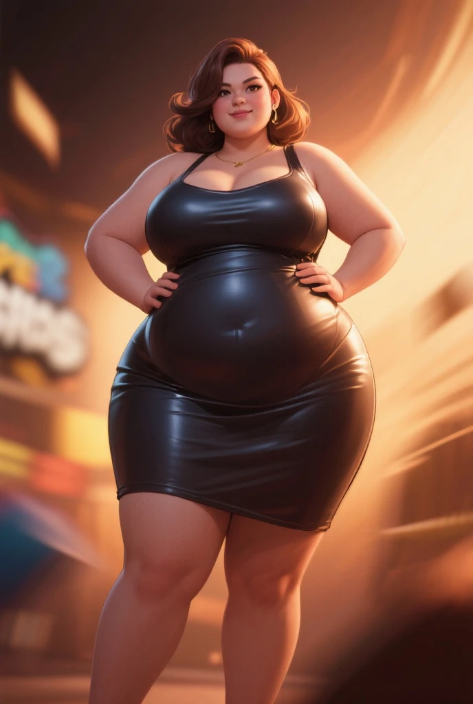 extremely fat and large latino woman, huge bust, 300 pounds, black pants, massive stomach, lovehandles, smiling, bbw, plus size woman, belt, obese, hand on shoulder, wearing a baseball cap, white shirt, black jacket, voluptuous body, leaning backwards, black vest, gird