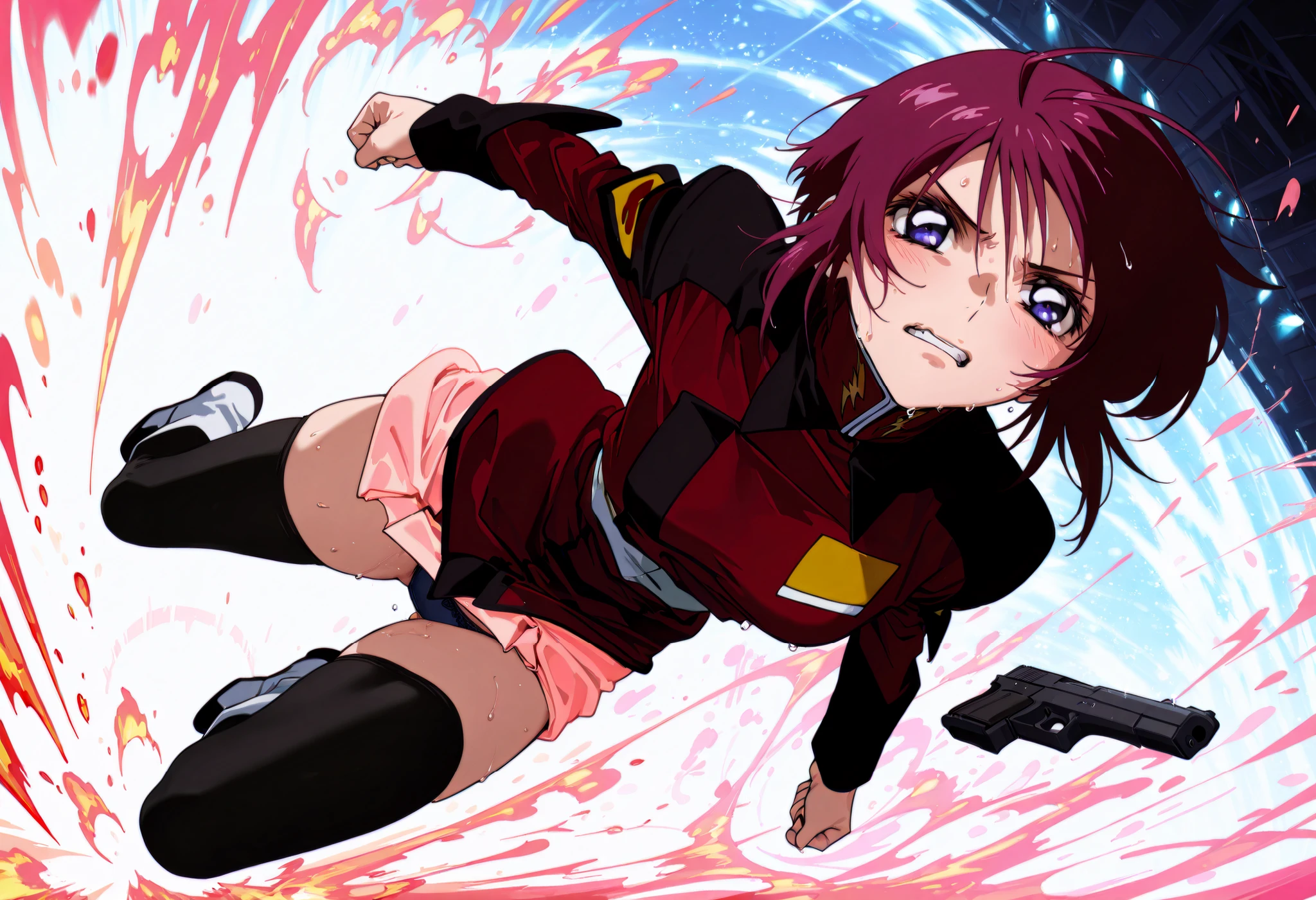score_9, score_8_up, score_7_up,BREAK,masterpiece, best quality, absurdres,A very detailed and Hi-Res image、lightning crackling around 、safe 1girl,(solo),18 years old, (beautiful and detailed face),1girl,destiny jacket,LunamariaHawke,((destiny jacket)),((red military_jacket)),white shirt under the military_jacket,open military_jacket,((wet white shirt)), (((wet pink_skirt))),dark blue frill trimmed bra under the wet white shirt slightly visible,dark blue panties under the skirt, (((black_thighhighs))), boots,white footwear,((lunamaria)),1girl,solo,blue eyes,red hair,short hair,ahoge,,,eyebrows,NSFW,; quality\(8k, Hi-Res, top- quality, top- quality real texture skin, super realistic, increase resolution,RAW Photo, very detailed, wallpaper, golden ratio,vibrant{{breathing}},full body,(Watery eyes),(closing eyes),{Wet body},,(Close-up of a girl:0.7),(((add energy to the scene. Motion Effect))), (Like a subtle blur),bokeh,full body,(nape of neck),,((Pained expression)),(((Sweat:1.4))),(grimace),blush,(score_9_up, score_8_up, score_7_up, best quality, a woman skydiving, paradropping , weapon, handgun,fire shotting ,movement, motion blur, dynamic angle, source_anime, full body, BREAK depth of field, foreshortening, dynamic pose, super wide angle shot, extreme perspective, , anime wallpaper,((dynamic_anime_art)),(((1girl,solo)))
