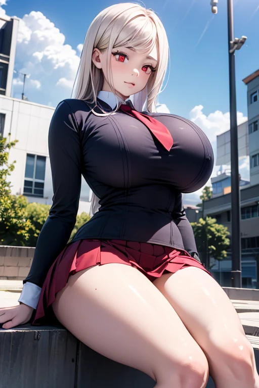 From below,blonde hair Woman in school girl uniform school girl skirt and white thigh high socks ,byself,Stand up arching her back in a sexy seductive slutty pose,hand touching breasts,((accentuated super huge enormously gigantic breasts, with cleavage showing)),Huge stacked breasts,Raised ,Exposing ,(Surreal breasts )((Extremely full breasts)),((Super large)),Big breasts Thin waist,(((Extremely large breasts))),worried expression,seductiv, school classroom background