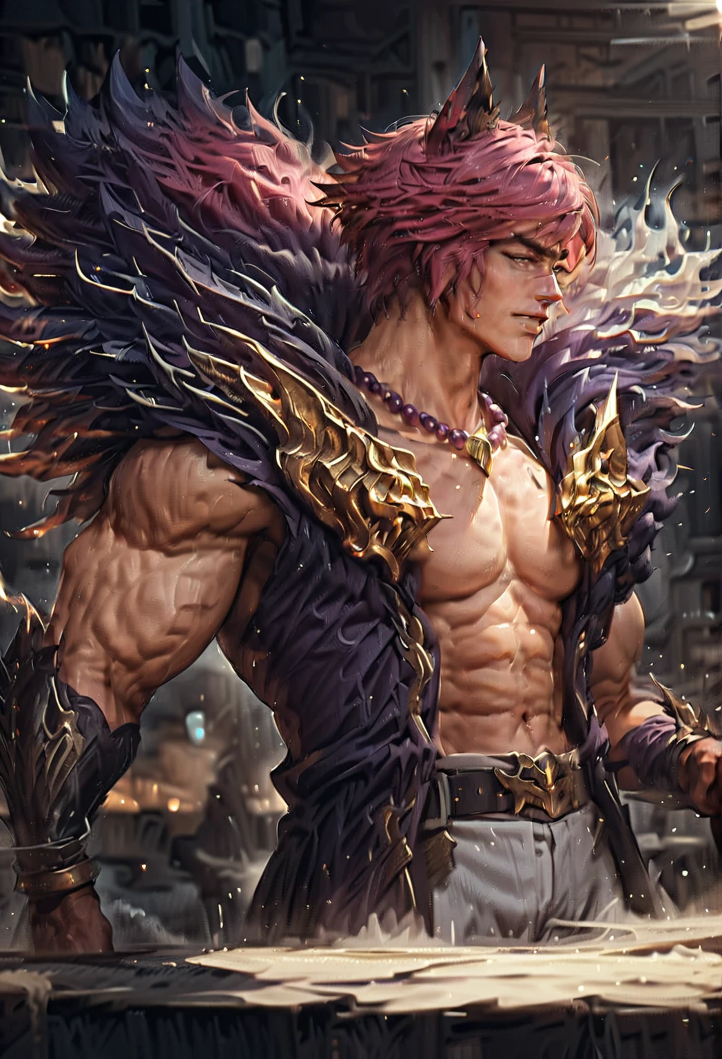 A muscular, shirtless male warrior with long, flowing white and pink ...