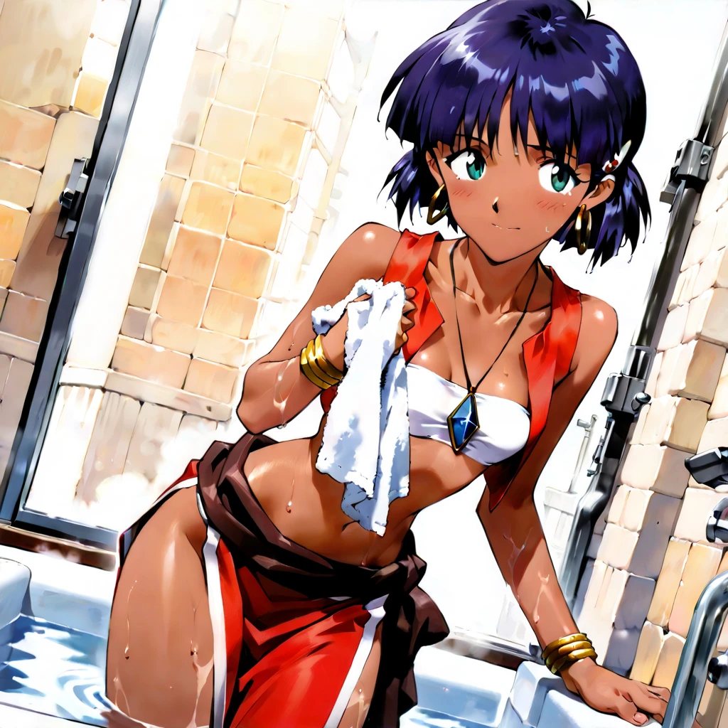 <lora:UMI-16:0.8>, (Highres), (2d), perfect artwork, ultra hd:1.1, ((Masterpiece, Best Quality)), retro artstyle, UMI, solo, flower, nude, water, wet, looking away, towel, covering, retro artstyle, bathing, bath, 1990s (style), 1980s (style), traditional media, beautiful, volumetric lighting, dynamic, cinematic scene, (scenery), bloom:0.4, (depth of field), sharp focus, (detailed face, detailed eyes