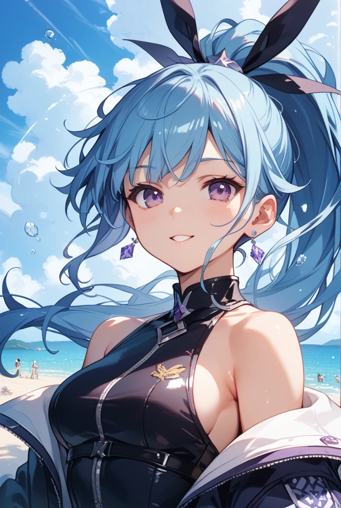 Swimwear、Concept Art、masterpiece、smile、Upper Body、high resolution、Playing in the sea、Shot from above