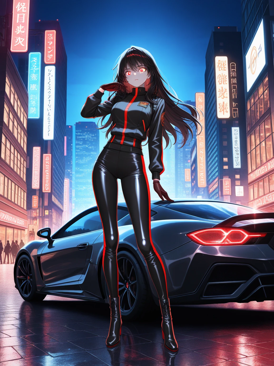 (a cartoon picture of a solo woman in a blue latex suit inspired by: nico robin, tifa lockhart, marin kitagawa fanart, hinata hyuga, mayuri shiina, character from king of fighters, drawn like the anime speed racer), seductive anime girl, thicc, biomechanical oppai, on a racetrack, oppai, wearing tight suit, cyberpunk racetrack, (illustration inpired by : f zero, redline, wipeout, speed racer and king of fighters)