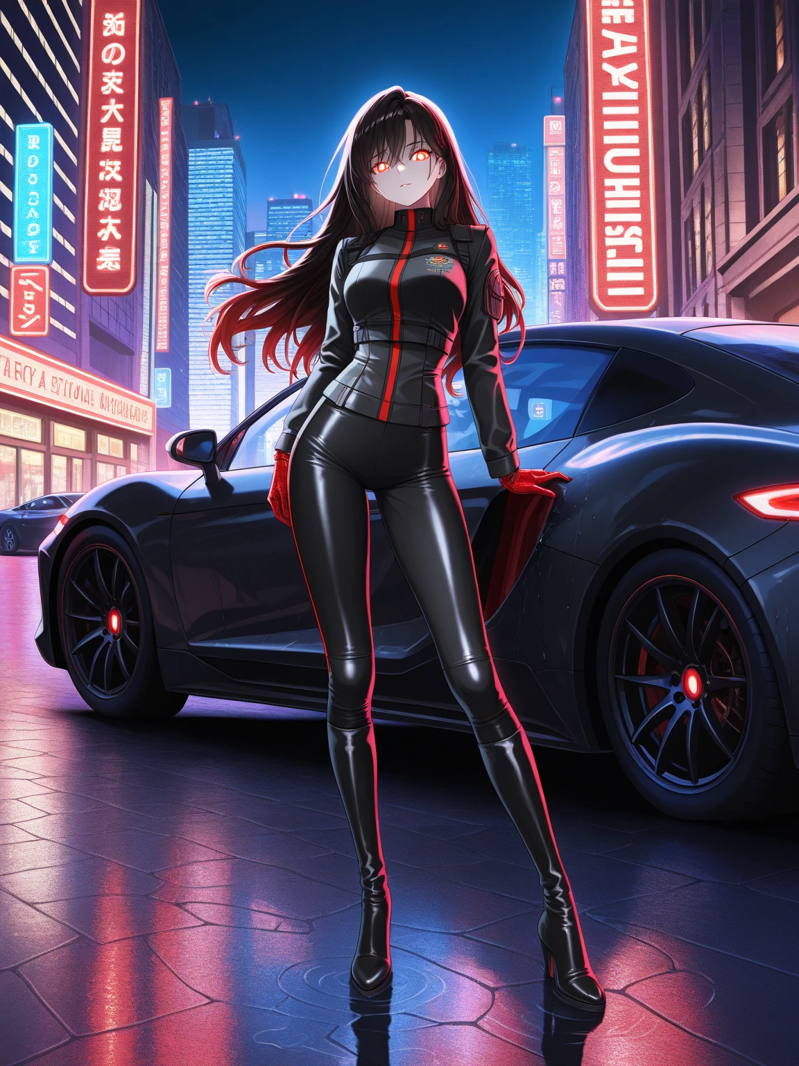 1girl, bodysuit, robot joints, mechanical parts, racing, red short jacket, medium hair, black hair, red eyes, curvy, muscular, boots, white background, cyberpunk, city, street, night, rain