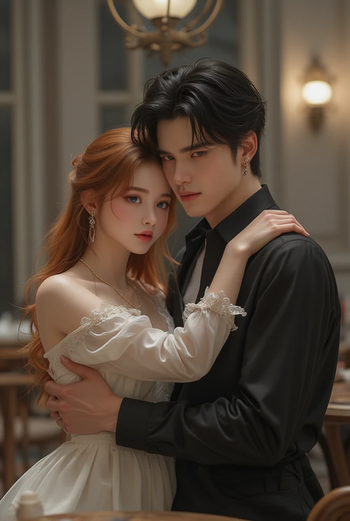 there is a man and a woman hugging in front of a window, muchacha coreana pelirroja, sha xi, ulzzang, hermosa mujer surcoreana, pose de pareja, asian features, cabello pelirrojo, 8k selfie photography, her face looks like an orchid, preciosa modelo pelirroja