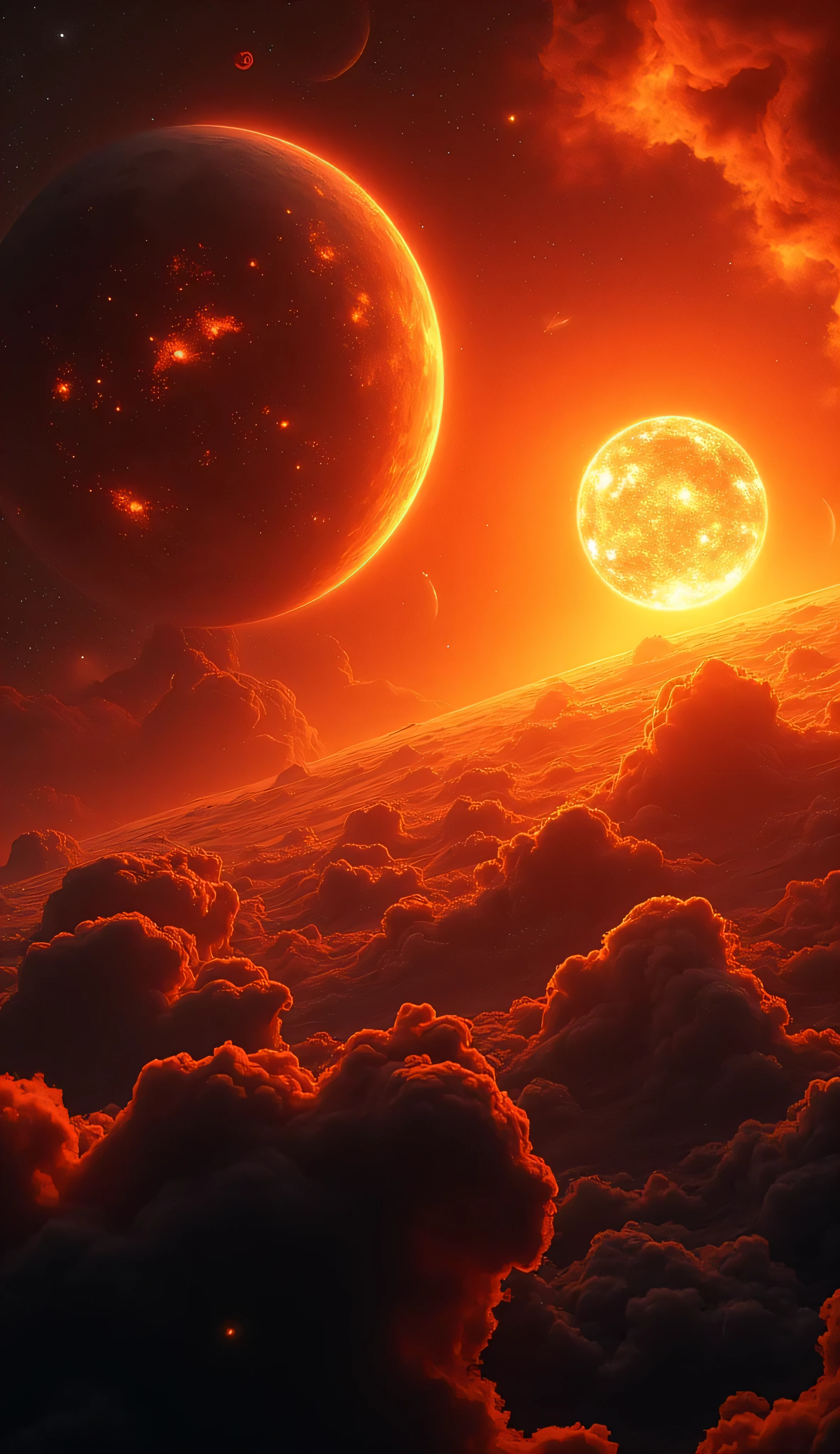 A cinematic digital art background of deep space showing ten ultra-hot exoplanets glowing with intense heat, in vivid shades of red, orange, and molten yellow. Each planet is unique, some with metal clouds, some partially evaporating or forming tails. One star is nearby, emitting solar flares and harsh light. The background includes stars, dark space, and a glowing nebula. High-detail, realistic NASA-style with dramatic lighting and atmospheric effects