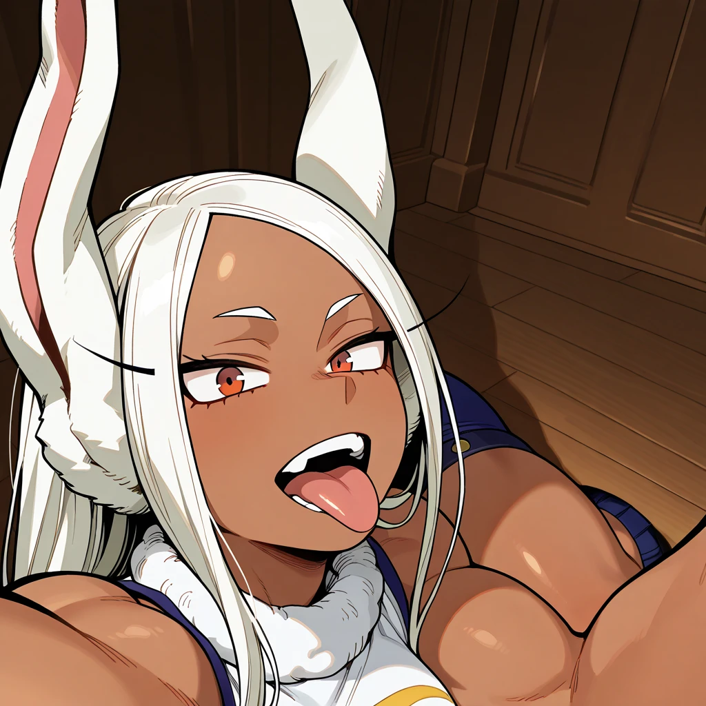 Silver long hair, succubus, dark skin, horn's, red eyes, elf ears, ahegao