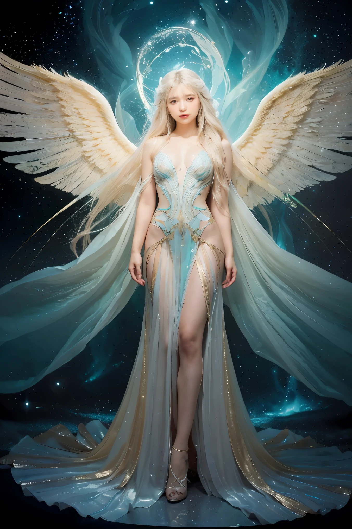 scifi professional artwork , ultra fine 3d details, full body archangel wings open,pointing upward,hyper realistic fully detailed white and light orange , sci-fi realism, , airbrush art,, A stunningly realistic (((3d Alcohol Ink double exposure illustration))), where the main image is a ( Full length facing of a Beautiful futuristic woman, flowing silvery blonde hair, deep gray eyes, showing black parts with human body skin ) with intricate details and a (long exposure celestial backdrop) that meld together in a (softly blended double exposure effect). The interplay of colors and (iridescent,patterns) creates a surreal optical illusion, with a (turquoise angel female figure with flowing golden hair and gilded wings ) whose dress and (extremely long, flowing hair) blends seamlessly with the (ethereal surroundings). The overall atmosphere exudes an air of (fantasy and enchantment) that makes the piece a (masterful artistry), write "Guten Morgen, mein Engel!"