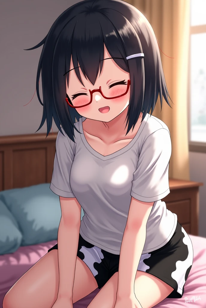 Super high quality by the god of art, super detailed, High resolution, G-Wise Style, anime moe art style, best anime 8k konachan wallpaper, pixiv contest winner, perfect anatomy,break,(sitting on the bedいる女の子の絵を描いてください ),break, surreal high school girl, (alone,upon,child,13 years:1.3),All limbs, full finger,Middle school students, androgynous charm, (very short hair), hair is dirty, flat chest, small ass, between legs, small eyes,beautiful detailed black eyes, Well-proportioned iris and pupils, High resolution detailed hair, school uniform, skirt, sexy, sitting on the bed, break,super detailed細なスキン, Best lighting by famous artists, 8K,cute illustration.
