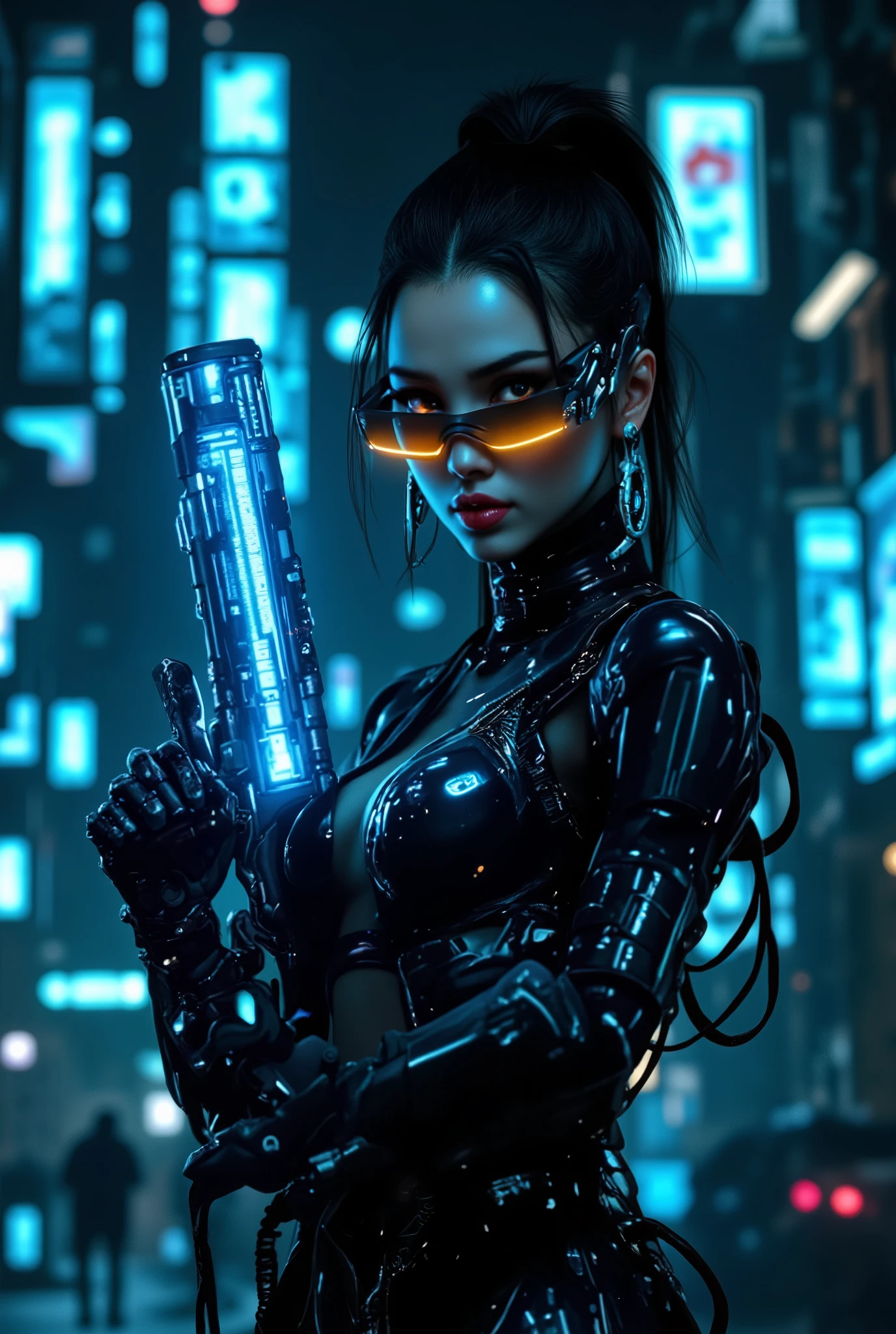 a cyberpunk-themed female figure in a sleek black futuristic outfit, holding a glowing blue sci-fi weapon, in a dystopian urban cityscape with neon lights, holographic displays, and advanced technologyhighly detailed, 8K, photorealistic, cyberpunk, female character, black futuristic outfit, glowing blue sci-fi weapon, dystopian urban cityscape, neon lights, holographic displays, advanced technology,ultra-detailed,cinematic lighting,dramatic atmosphere,moody colors,professional digital art